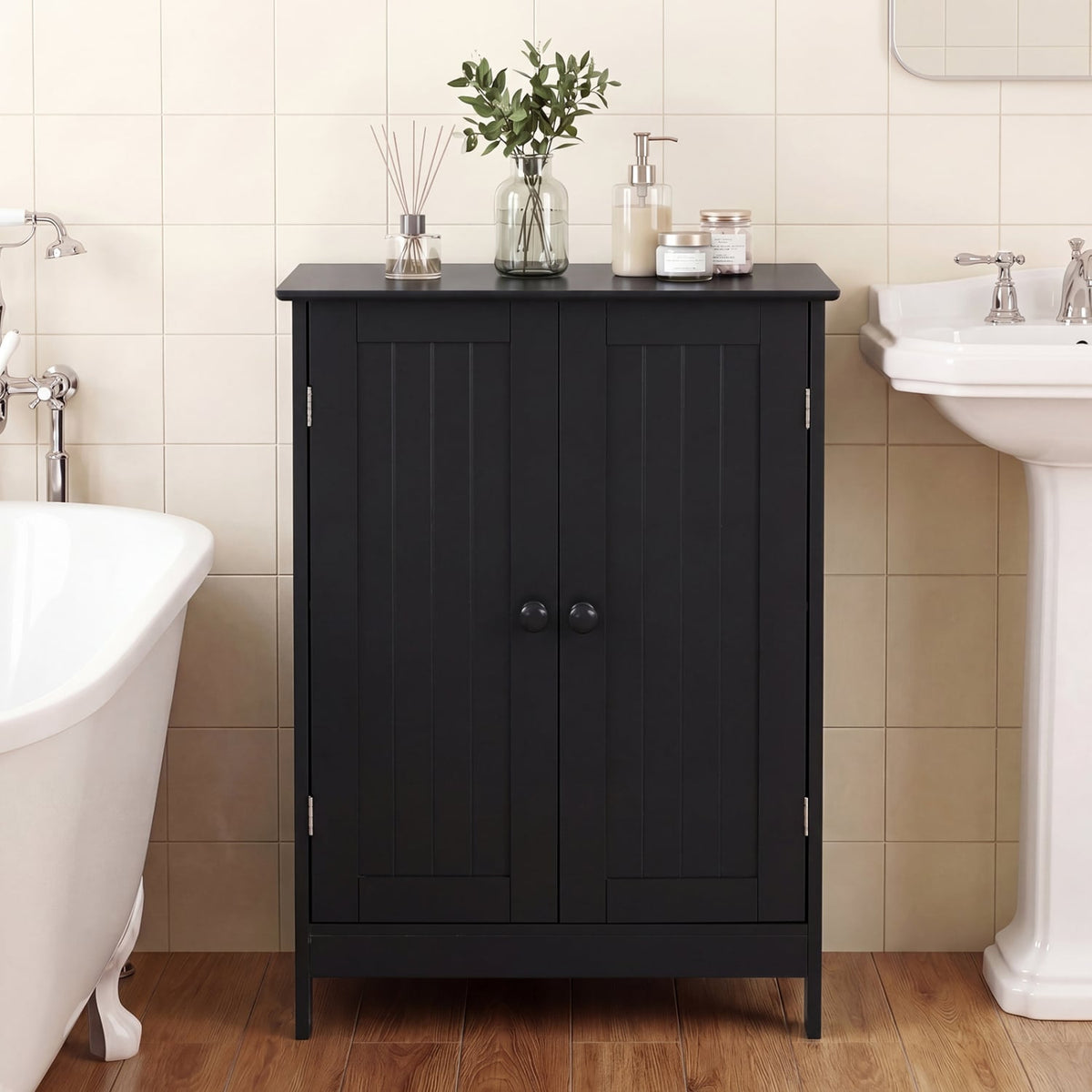 2-Door Free-Standing Bathroom Cabinet - Black 23.5" MDF-Floor Cabinets-DECOROLALA