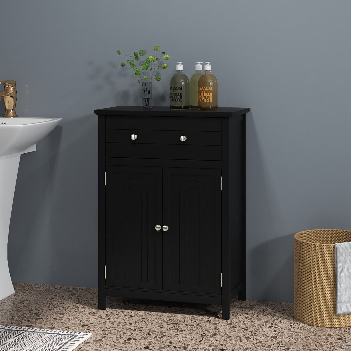 2-Door Freestanding Bathroom Cabinet with Drawer - Black MDF-Floor Cabinets-DECOROLALA