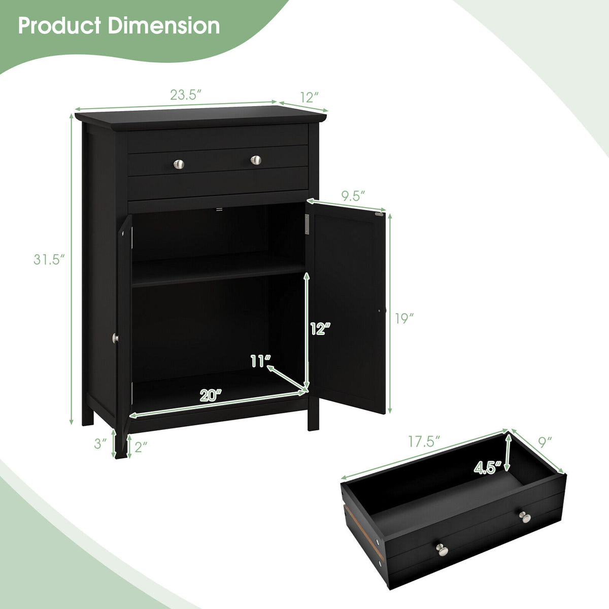 2-Door Freestanding Bathroom Cabinet with Drawer - Black MDF-Floor Cabinets-DECOROLALA