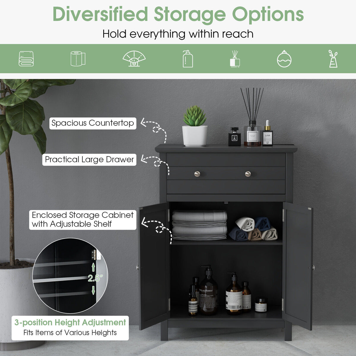 2-Door Freestanding Bathroom Cabinet with Drawer - Black MDF-Floor Cabinets-DECOROLALA