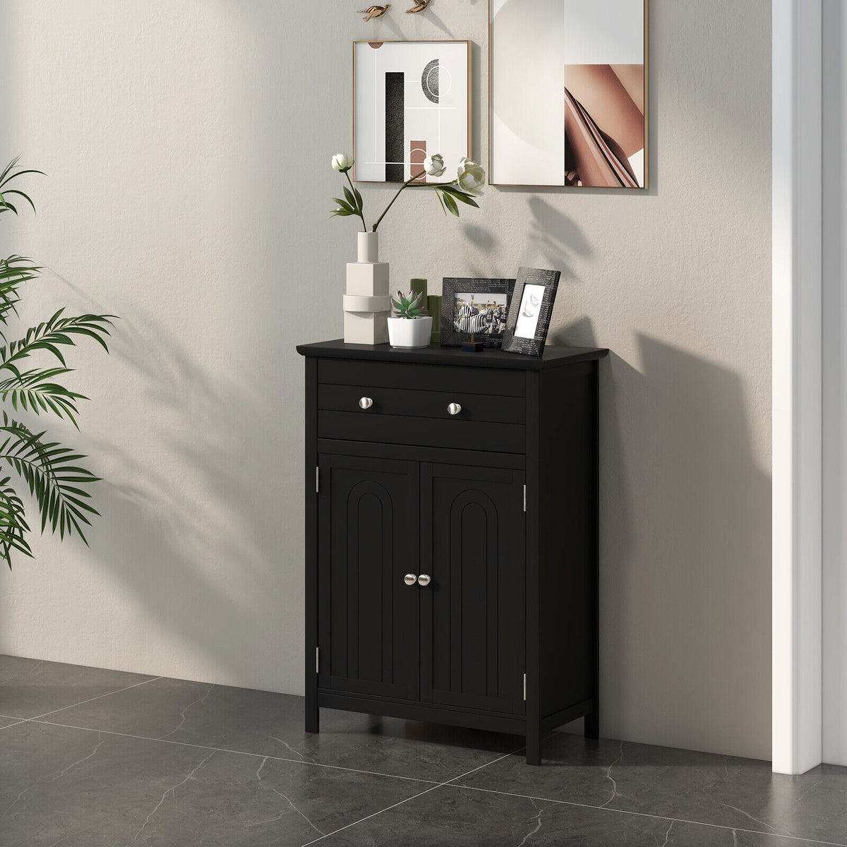 2-Door Freestanding Bathroom Cabinet with Drawer - Black MDF-Floor Cabinets-DECOROLALA