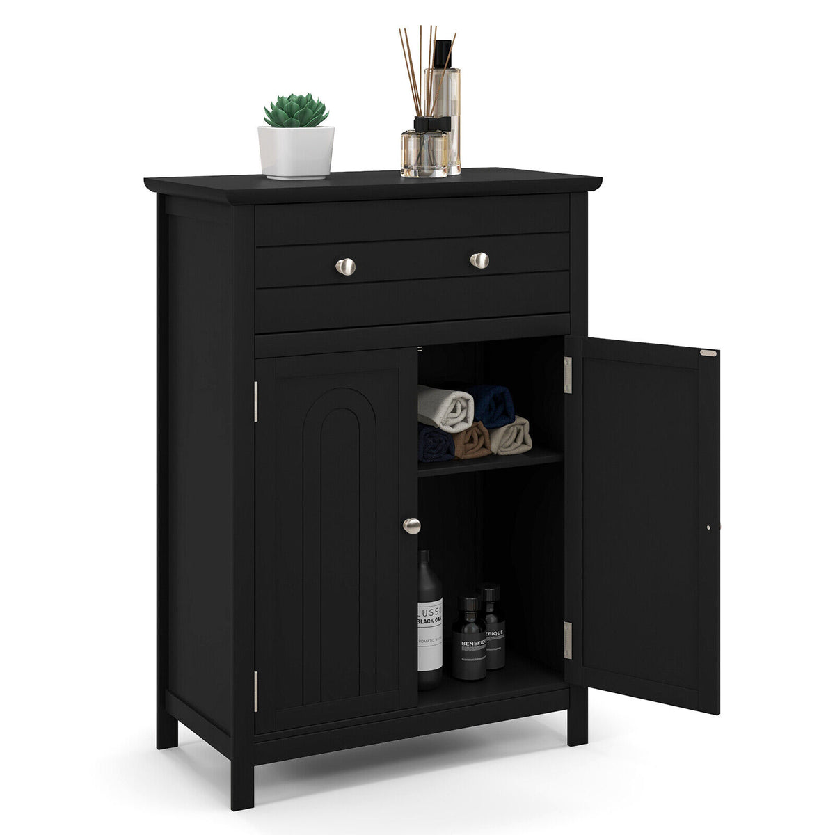 2-Door Freestanding Bathroom Cabinet with Drawer - Black MDF-Floor Cabinets-DECOROLALA