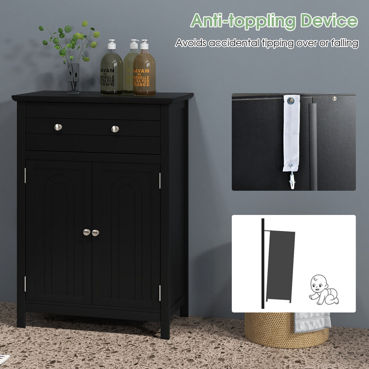 2-Door Freestanding Bathroom Cabinet with Drawer - Black MDF-Floor Cabinets-DECOROLALA