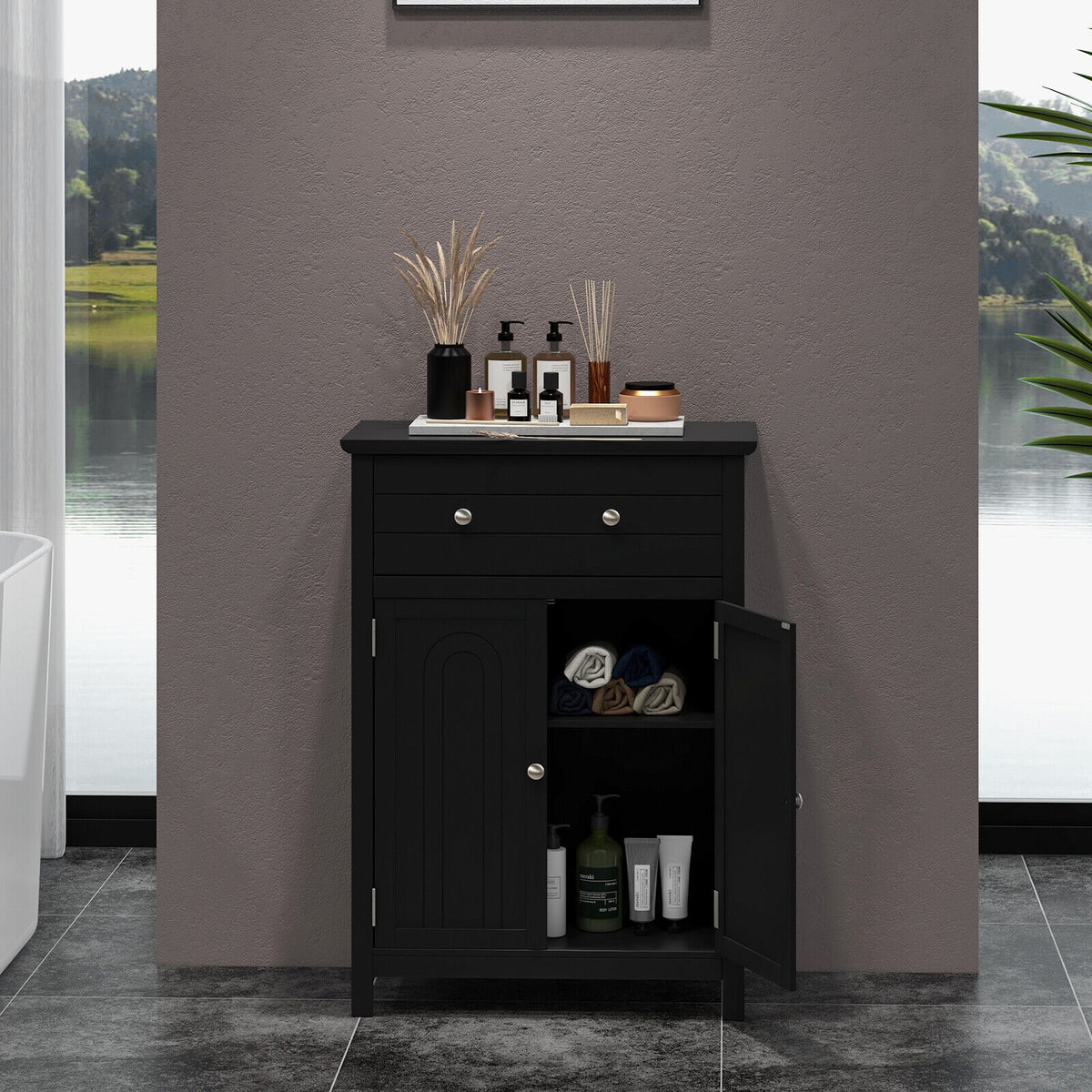 2-Door Freestanding Bathroom Cabinet with Drawer - Black MDF-Floor Cabinets-DECOROLALA