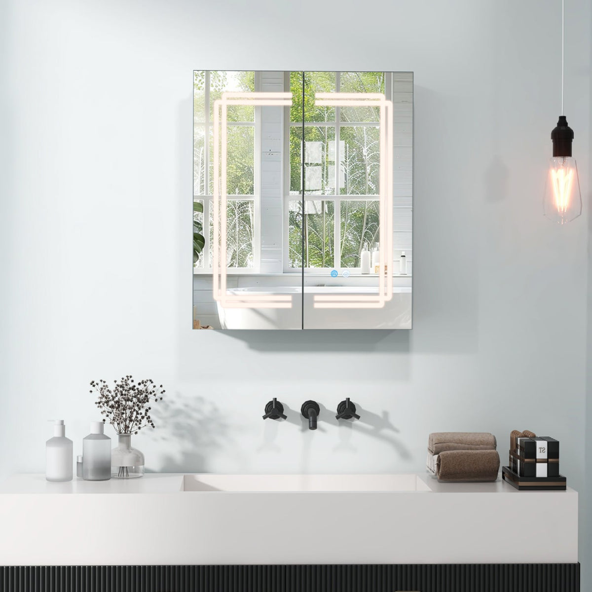 2-Door LED Bathroom Mirror Medicine Cabinet - 24" x 28" White-Wall Cabinets-DECOROLALA