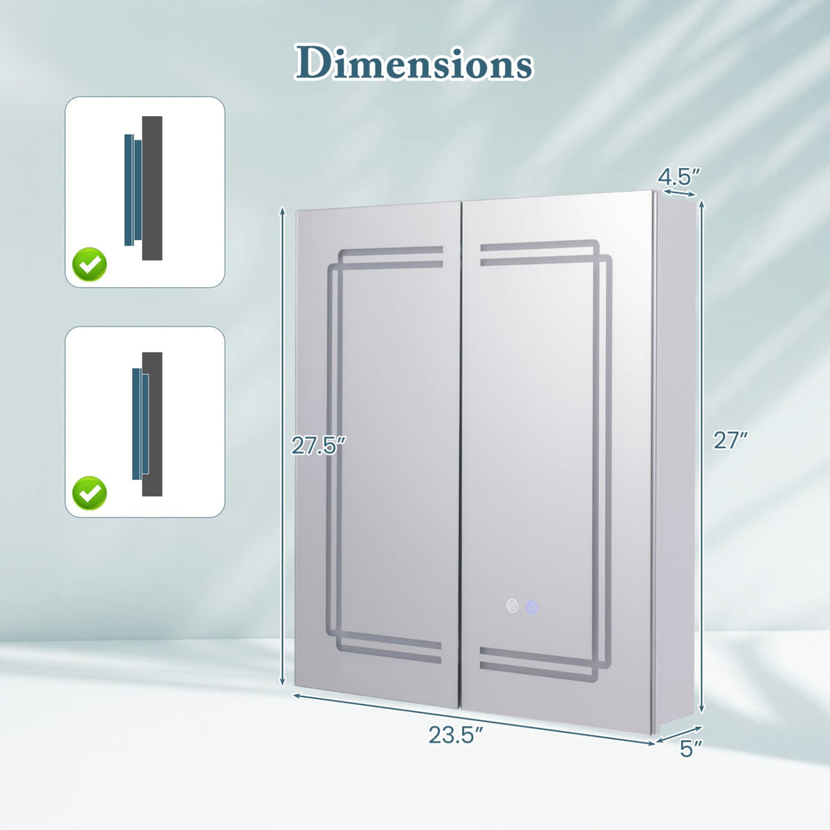 2-Door LED Bathroom Mirror Medicine Cabinet - 24" x 28" White-Wall Cabinets-DECOROLALA