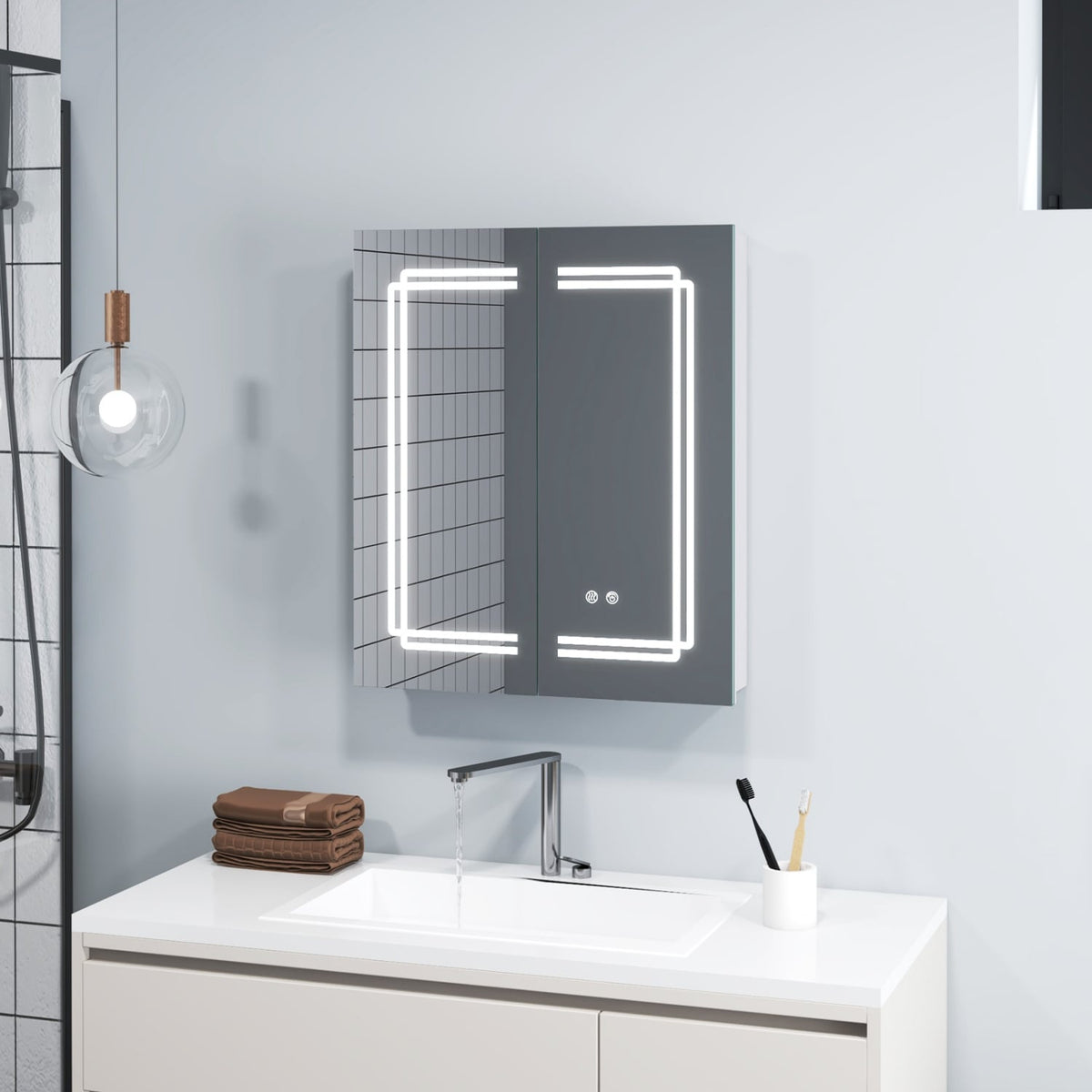 2-Door LED Bathroom Mirror Medicine Cabinet - 24" x 28" White-Wall Cabinets-DECOROLALA