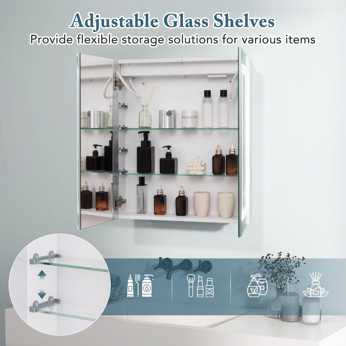 2-Door LED Bathroom Mirror Medicine Cabinet - 24" x 28" White-Wall Cabinets-DECOROLALA