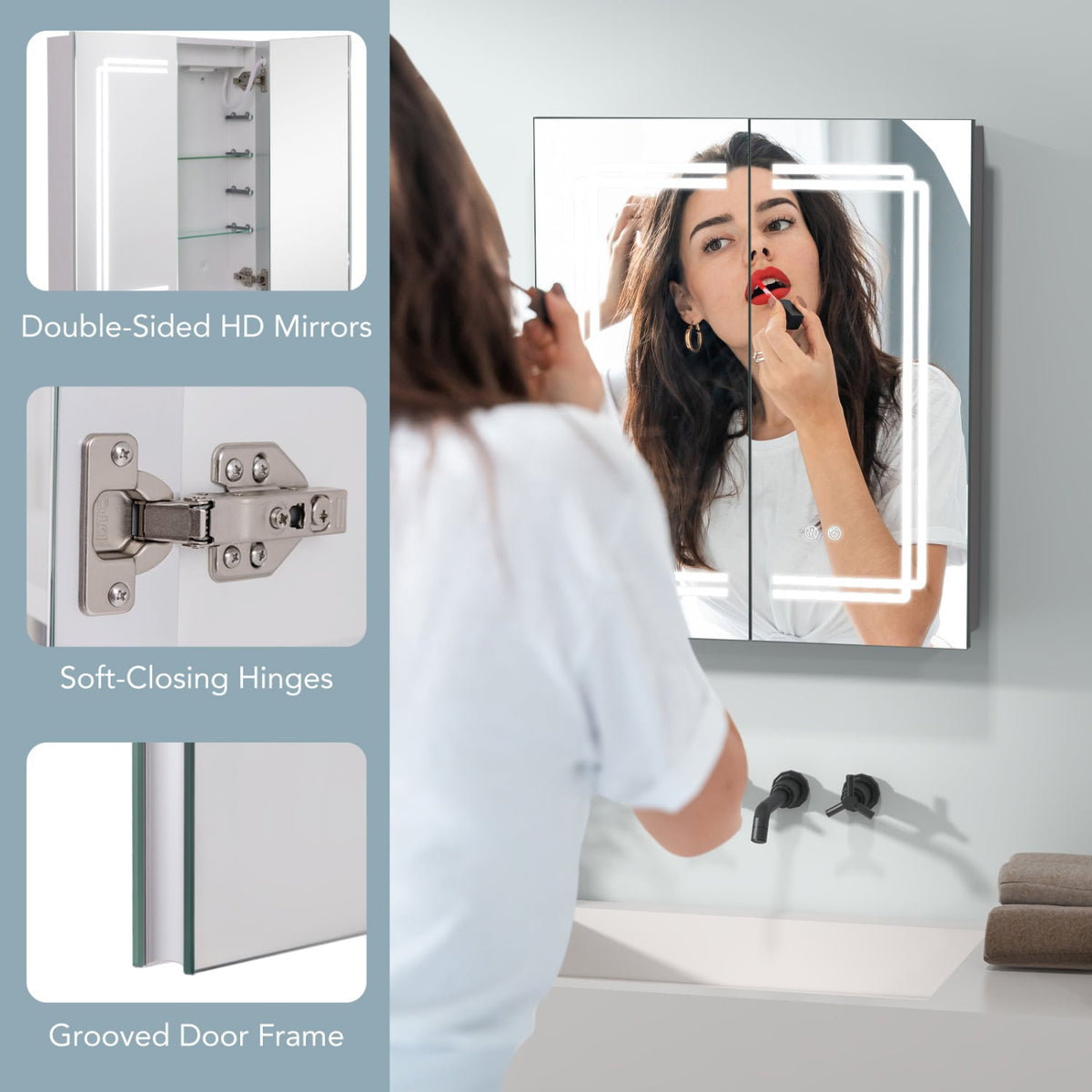 2-Door LED Bathroom Mirror Medicine Cabinet - 24" x 28" White-Wall Cabinets-DECOROLALA