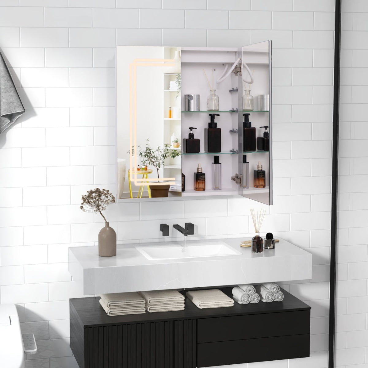 2-Door LED Bathroom Mirror Medicine Cabinet - 24" x 28" White-Wall Cabinets-DECOROLALA