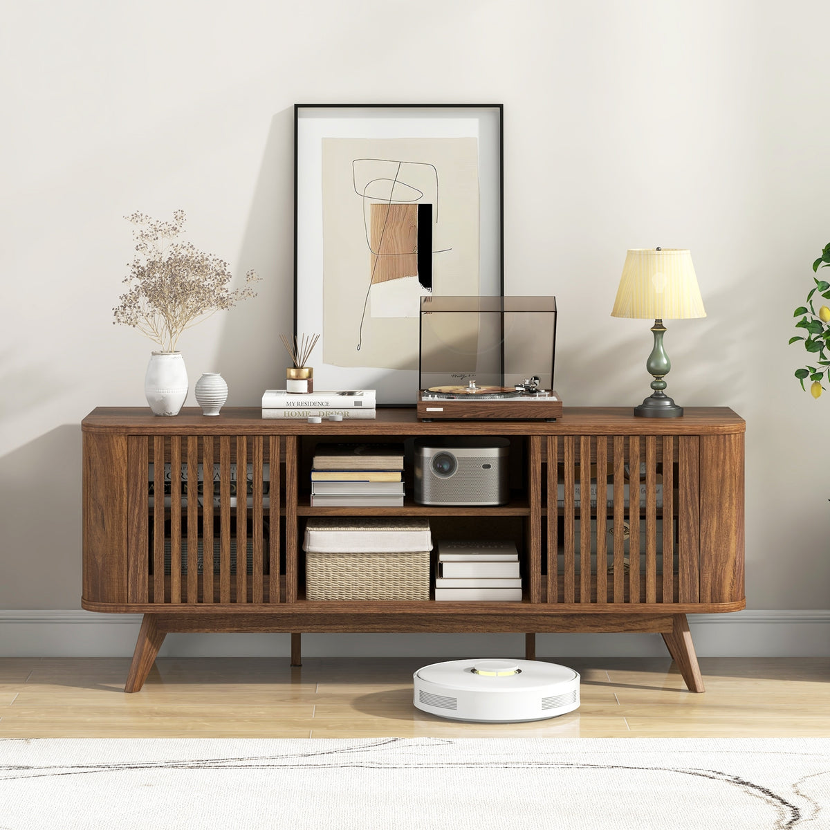 2-Door TV Stand for TVs up to 60 Inches with Adjustable Shelves-Walnut-Entertainment Centers & TV Stands-DECOROLALA