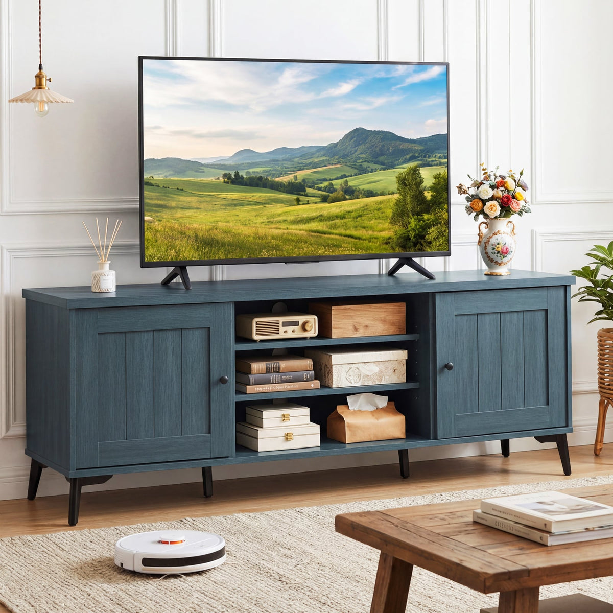 2-Door TV Stand for TVs up to 65 Inch Mid Century Modern Entertainment Center-Turquoise-Entertainment Centers & TV Stands-DECOROLALA