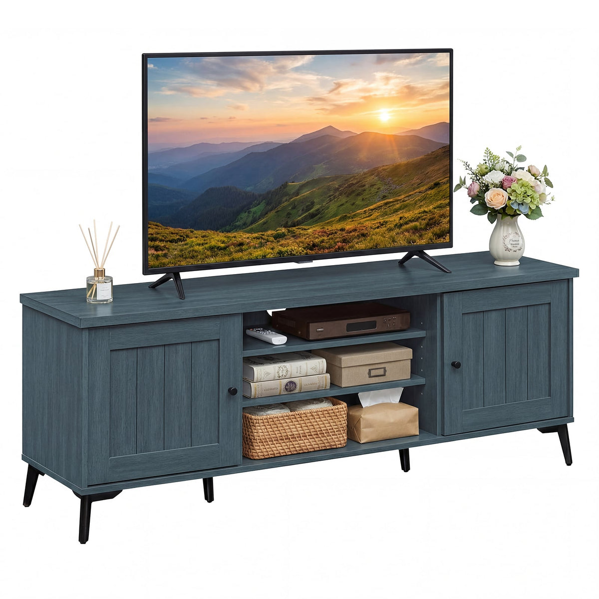 2-Door TV Stand for TVs up to 65 Inch Mid Century Modern Entertainment Center-Turquoise-Entertainment Centers & TV Stands-DECOROLALA
