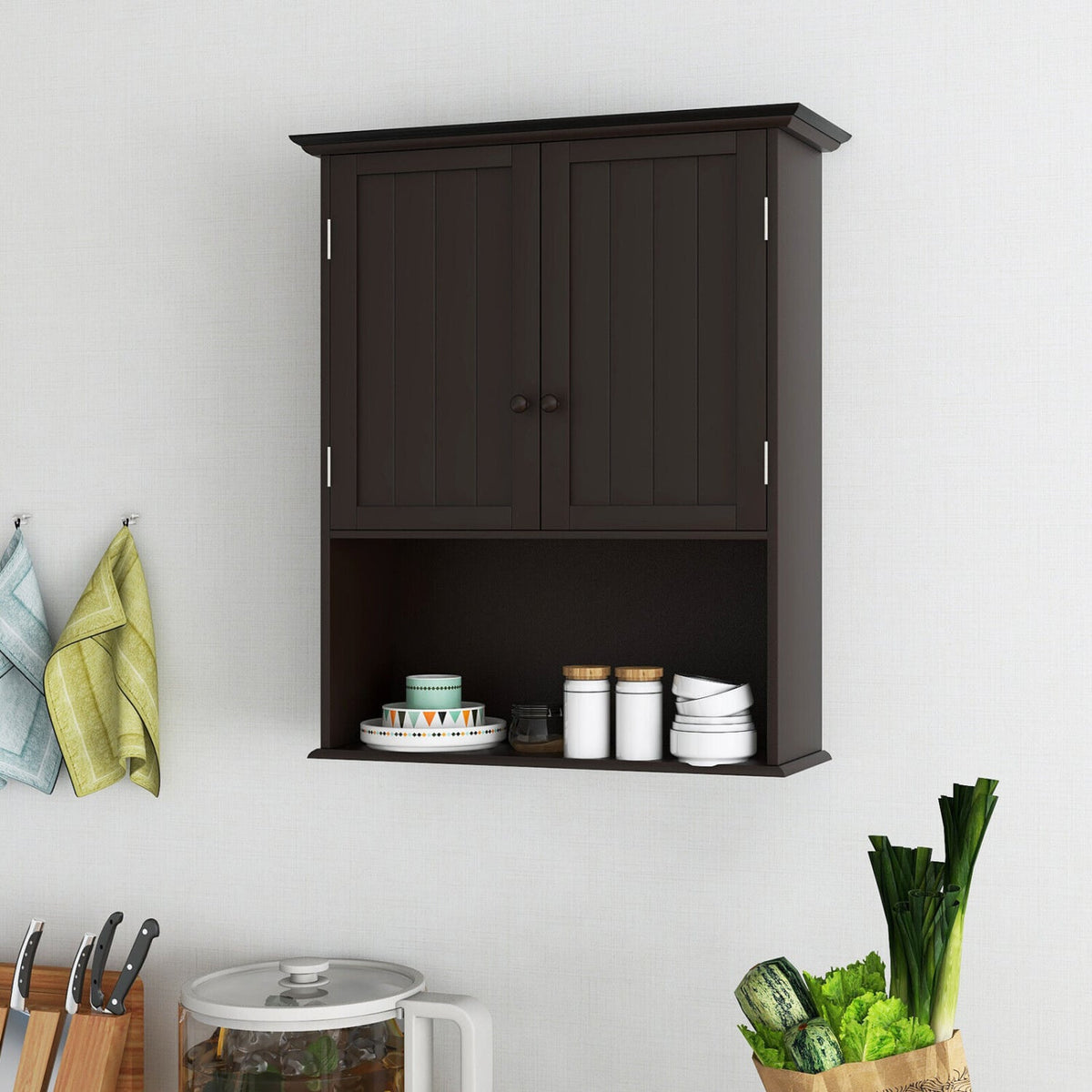 2-Door Wall Mount Bathroom Storage Cabinet - Espresso 23.5"-Bathroom Wall Cabinets-DECOROLALA