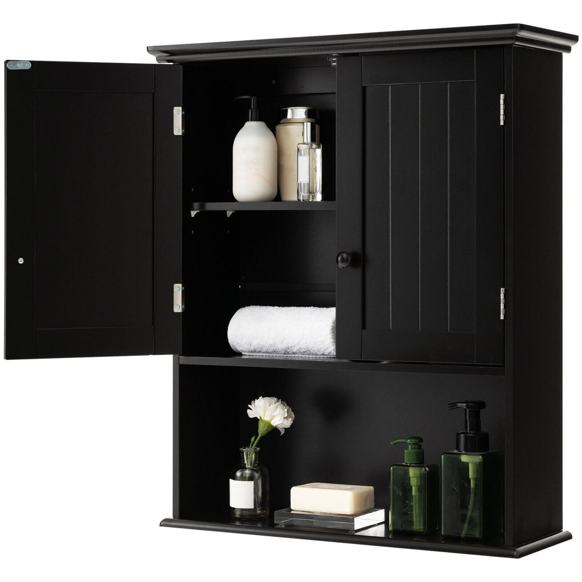 2-Door Wall Mount Bathroom Storage Cabinet - Black MDF 23.5"-Wall Cabinets-DECOROLALA