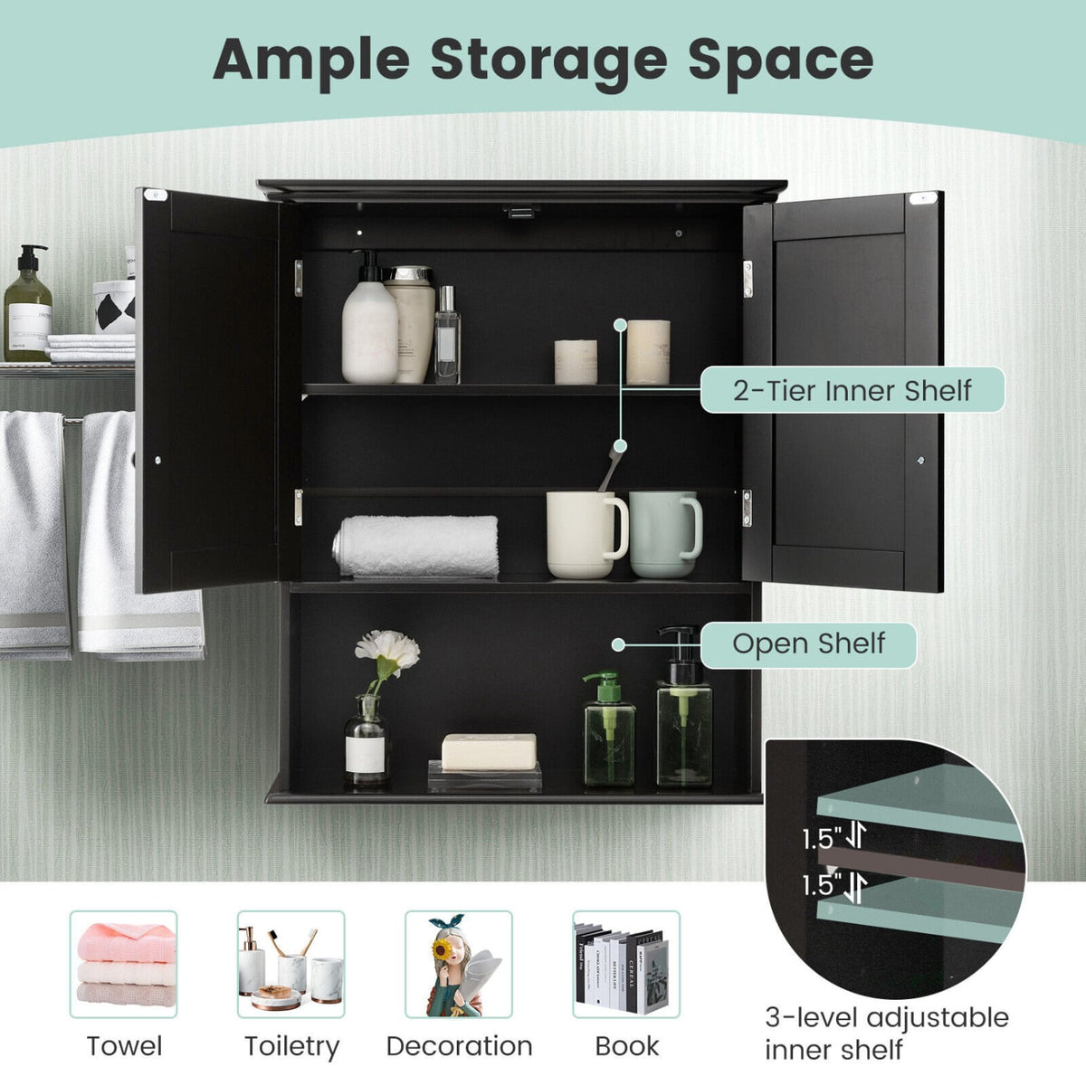 2-Door Wall Mount Bathroom Storage Cabinet - Black MDF 23.5"-Wall Cabinets-DECOROLALA