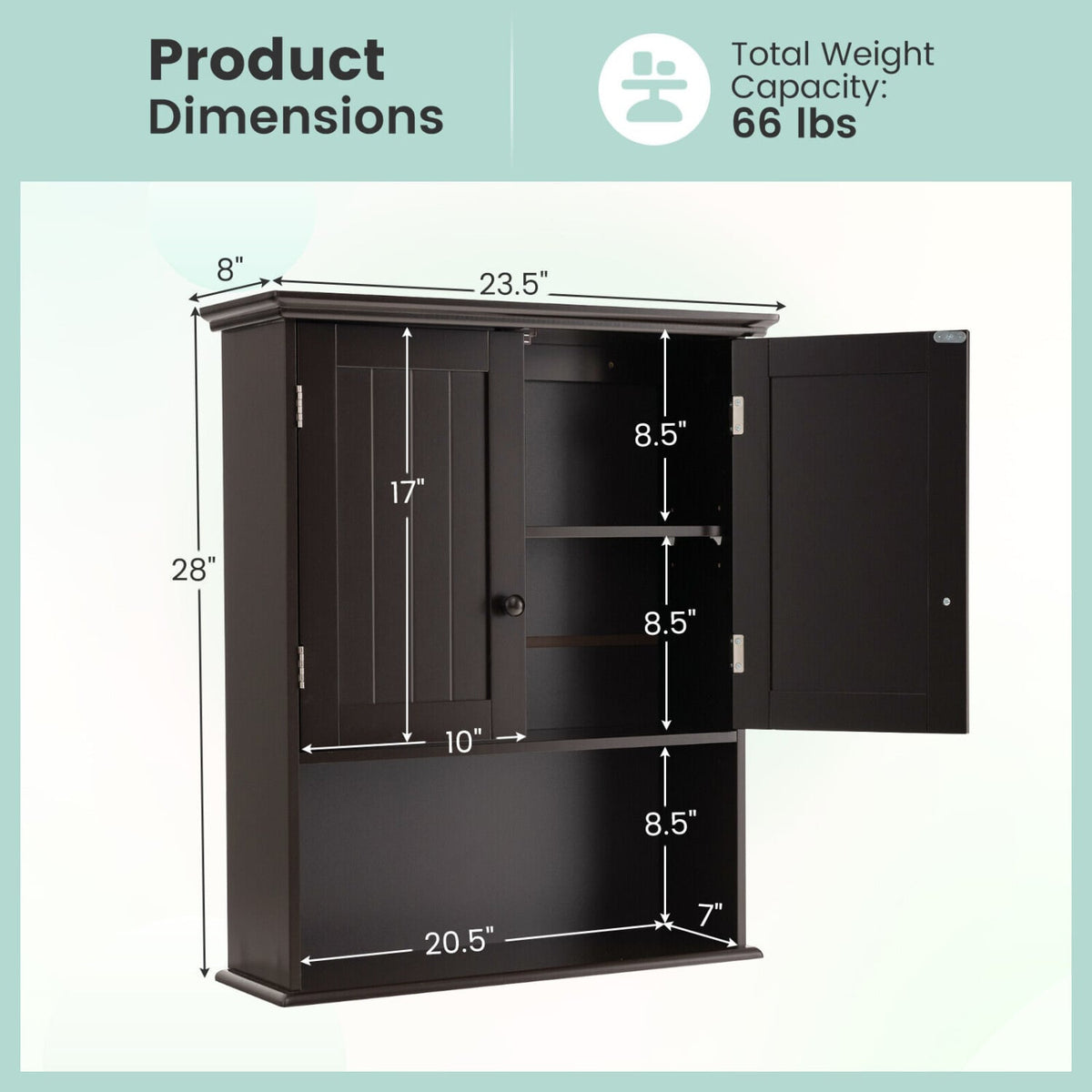 2-Door Wall Mount Bathroom Storage Cabinet - Espresso 23.5"-Wall Cabinets-DECOROLALA