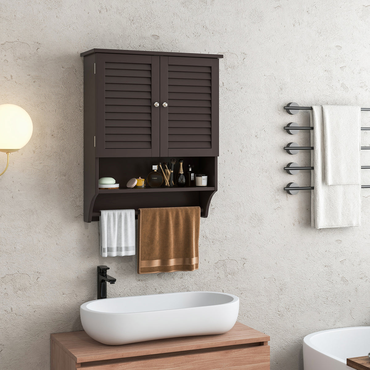 2-Door Wall-Mounted Bathroom Medicine Cabinet - Brown 23" x 30"-Wall Cabinets-DECOROLALA