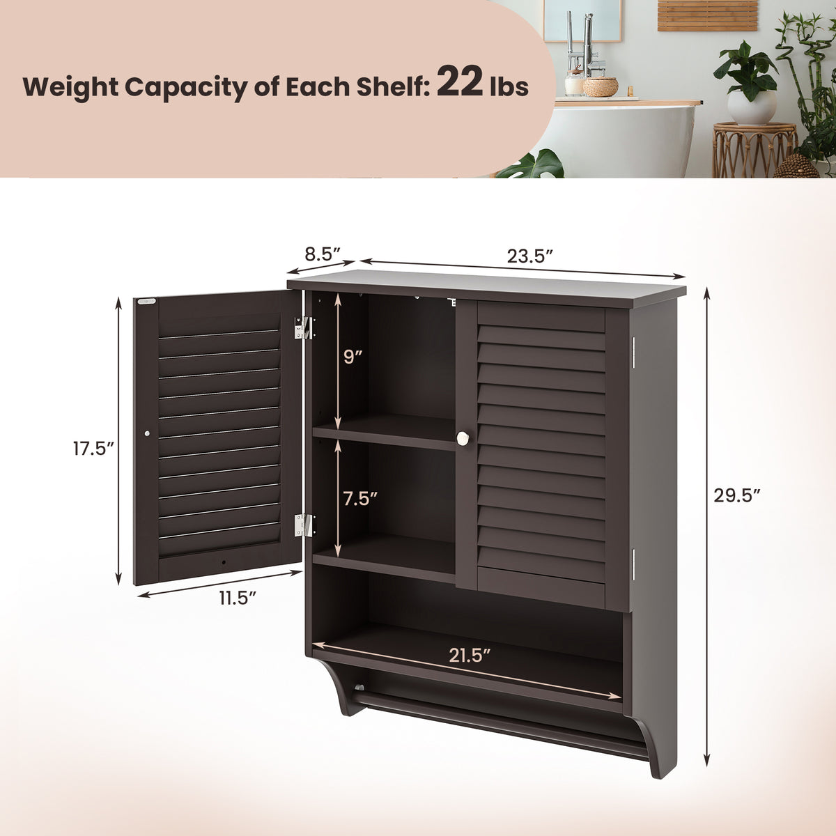 2-Door Wall-Mounted Bathroom Medicine Cabinet - Brown 23" x 30"-Wall Cabinets-DECOROLALA