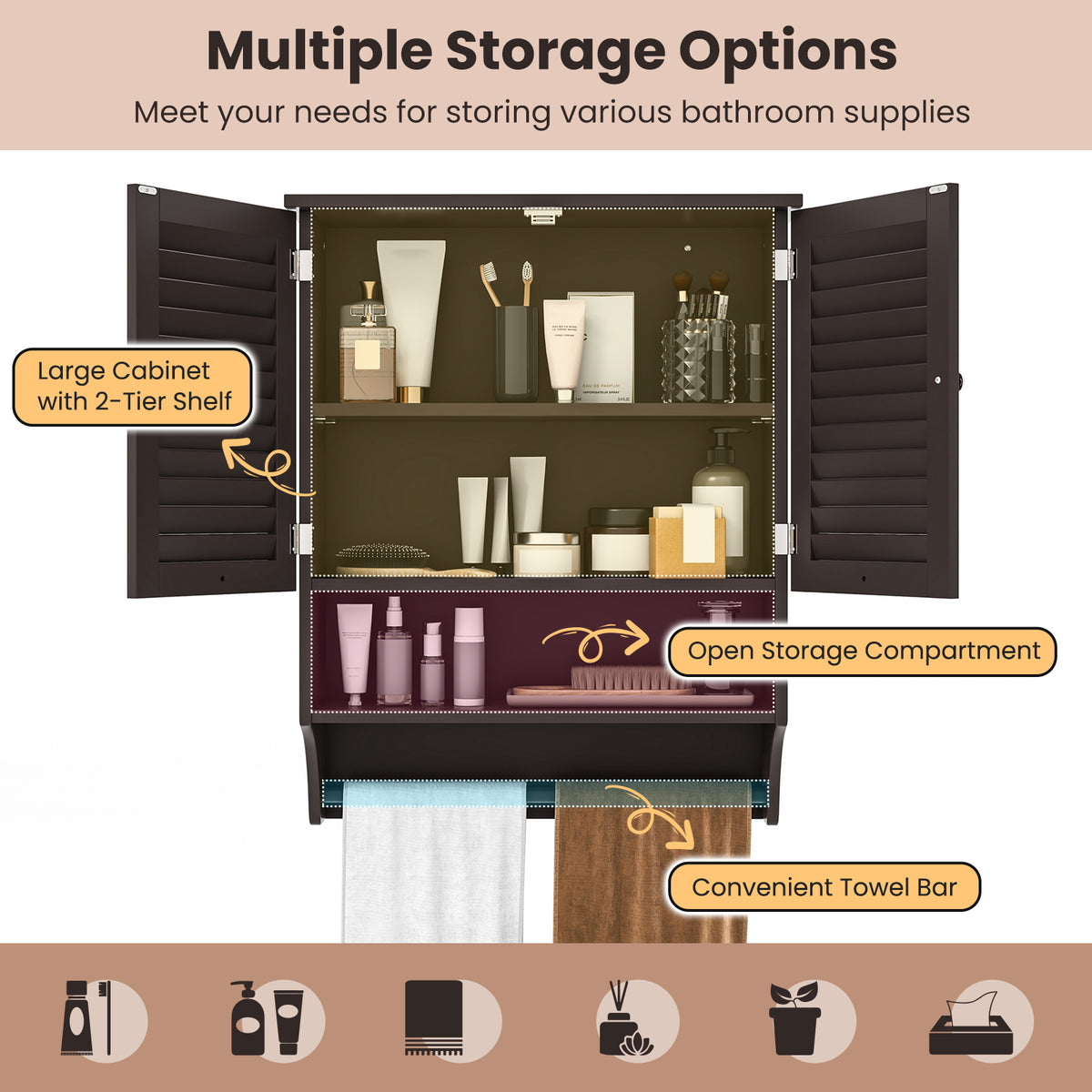 2-Door Wall-Mounted Bathroom Medicine Cabinet - Brown 23" x 30"-Wall Cabinets-DECOROLALA