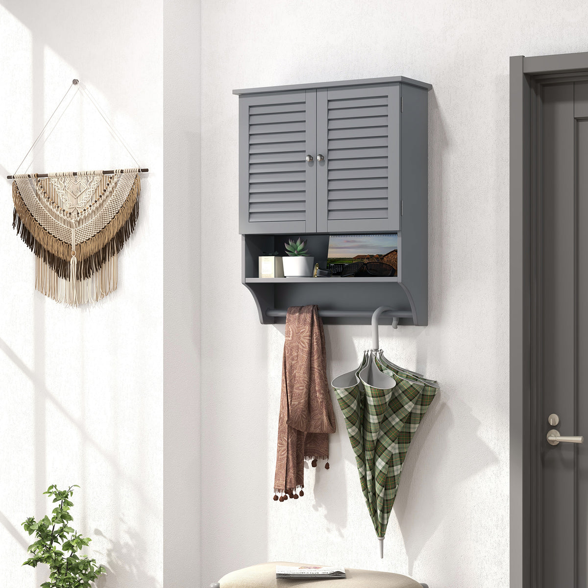2-Door Wall-Mounted Bathroom Medicine Cabinet with Towel Bar - Gray-Wall Cabinets-DECOROLALA