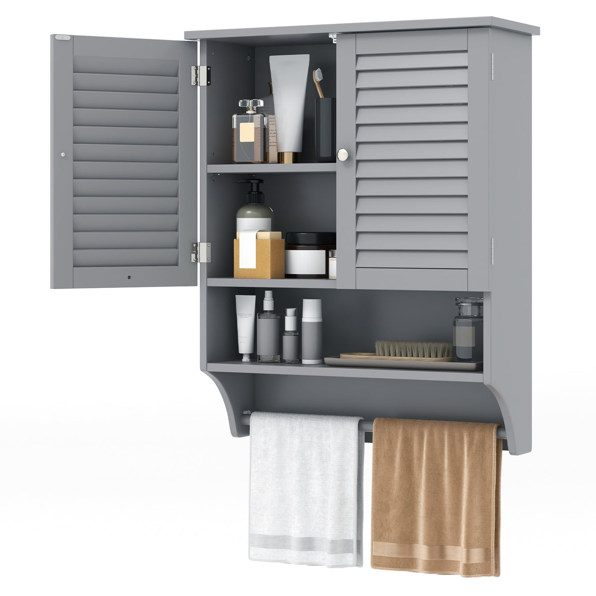 2-Door Wall-Mounted Bathroom Medicine Cabinet with Towel Bar - Gray-Wall Cabinets-DECOROLALA