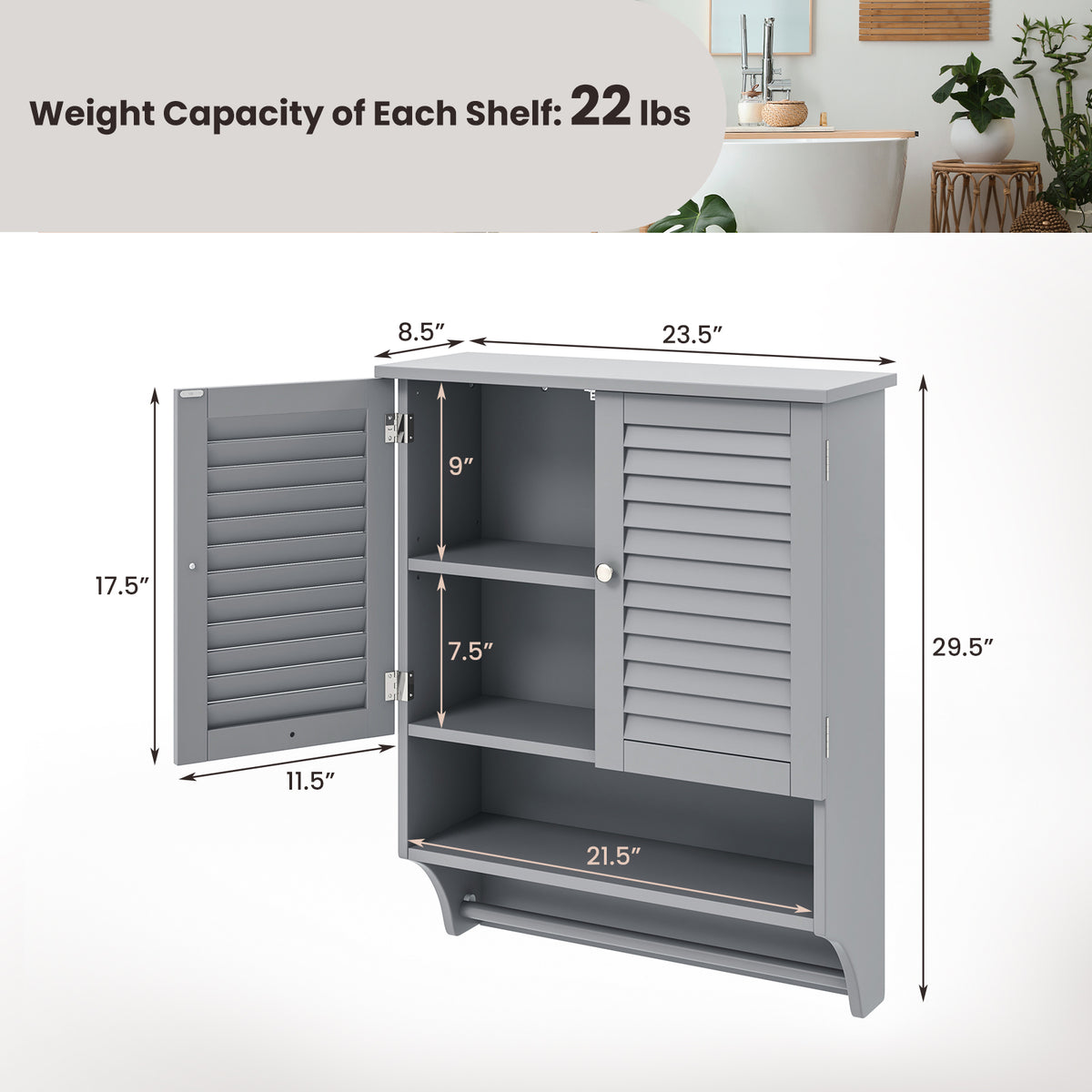 2-Door Wall-Mounted Bathroom Medicine Cabinet with Towel Bar - Gray-Wall Cabinets-DECOROLALA