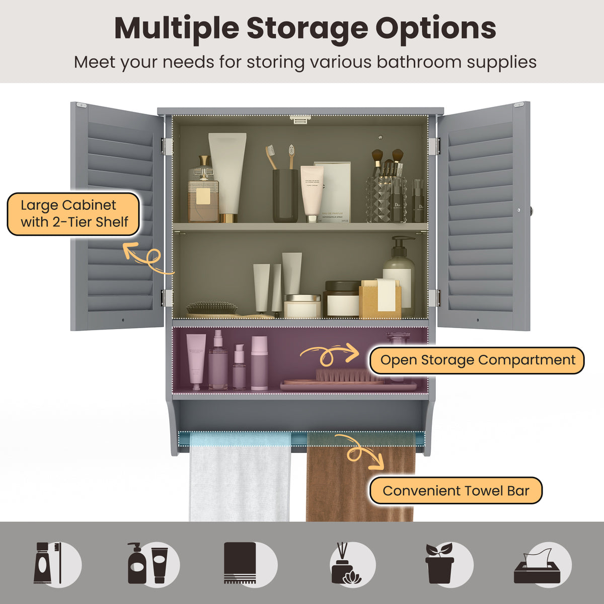 2-Door Wall-Mounted Bathroom Medicine Cabinet with Towel Bar - Gray-Wall Cabinets-DECOROLALA