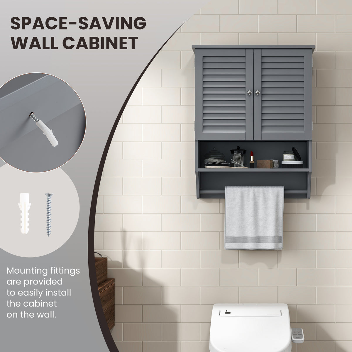 2-Door Wall-Mounted Bathroom Medicine Cabinet with Towel Bar - Gray-Wall Cabinets-DECOROLALA