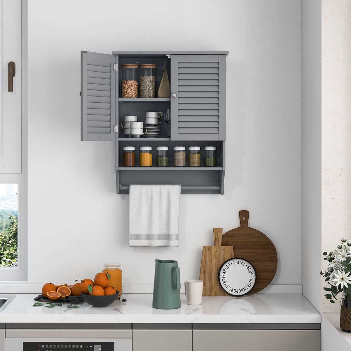 2-Door Wall-Mounted Bathroom Medicine Cabinet with Towel Bar - Gray-Wall Cabinets-DECOROLALA