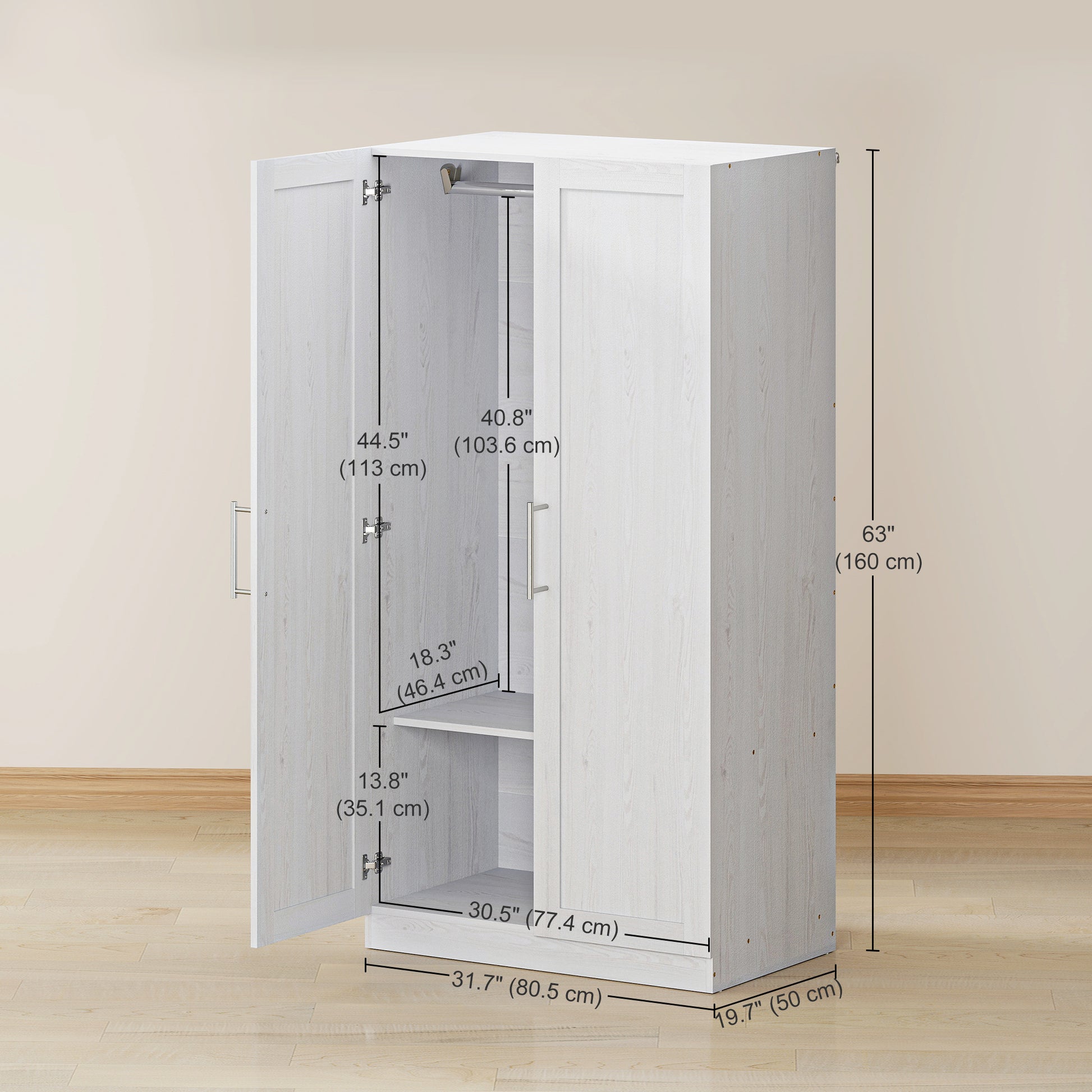 2-Door Wardrobe Armoire - White Wood Effect 63" H-DECOROLALA