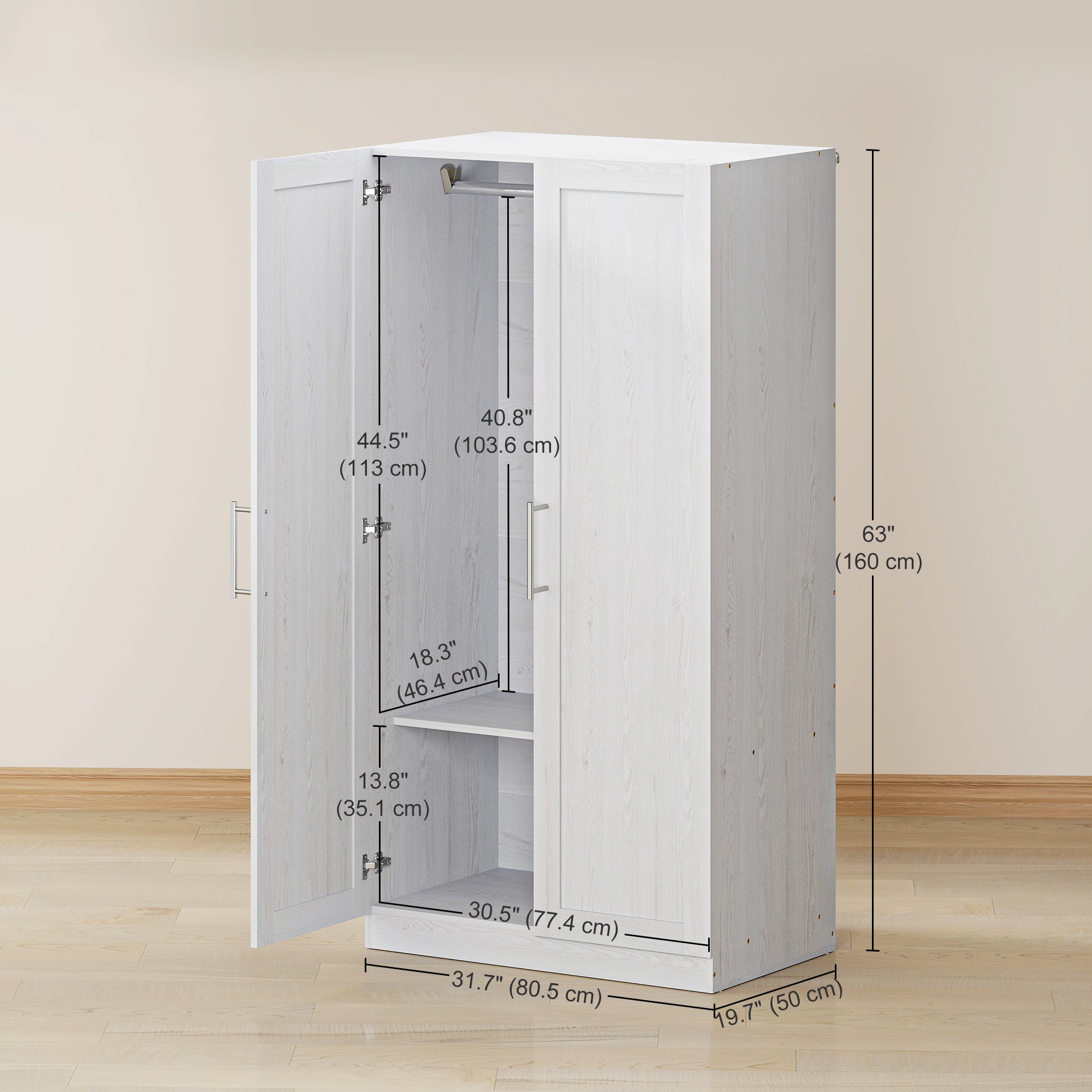 2-Door Wardrobe Armoire - White Wood Effect 63" H-DECOROLALA