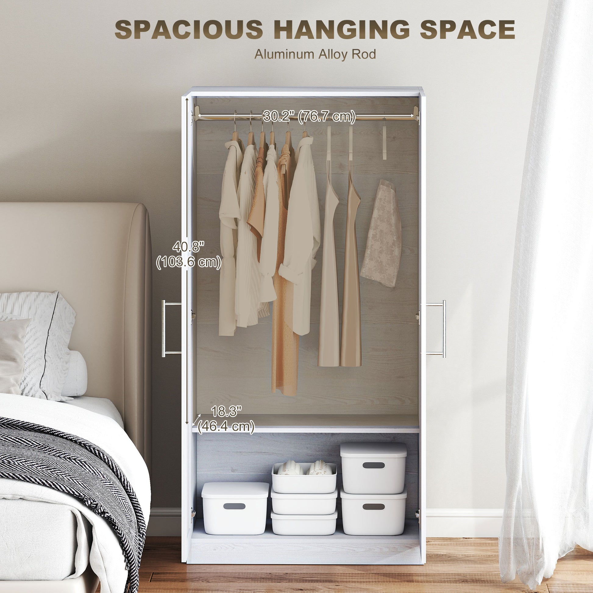 2-Door Wardrobe Armoire - White Wood Effect 63" H-DECOROLALA