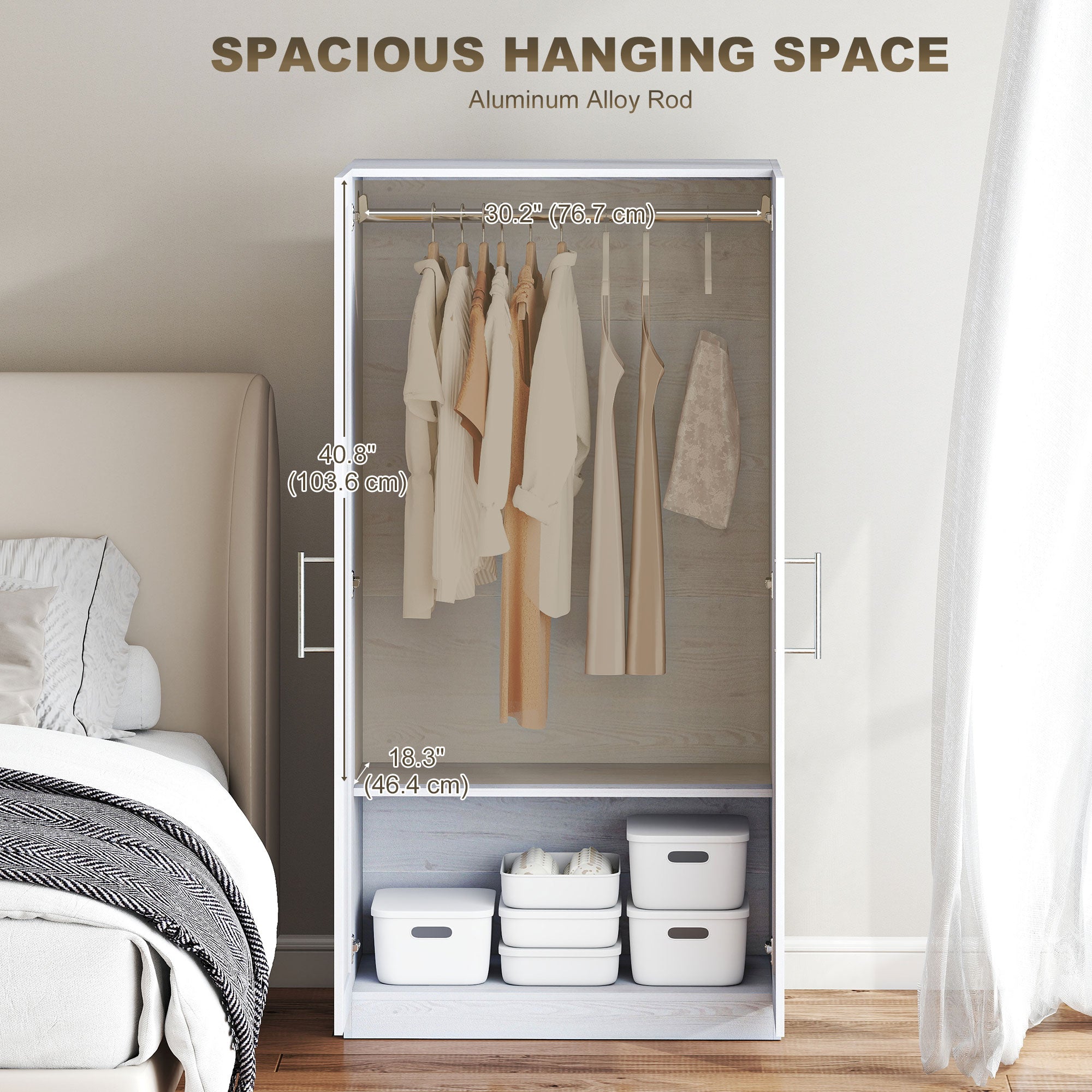 2-Door Wardrobe Armoire - White Wood Effect 63" H-DECOROLALA