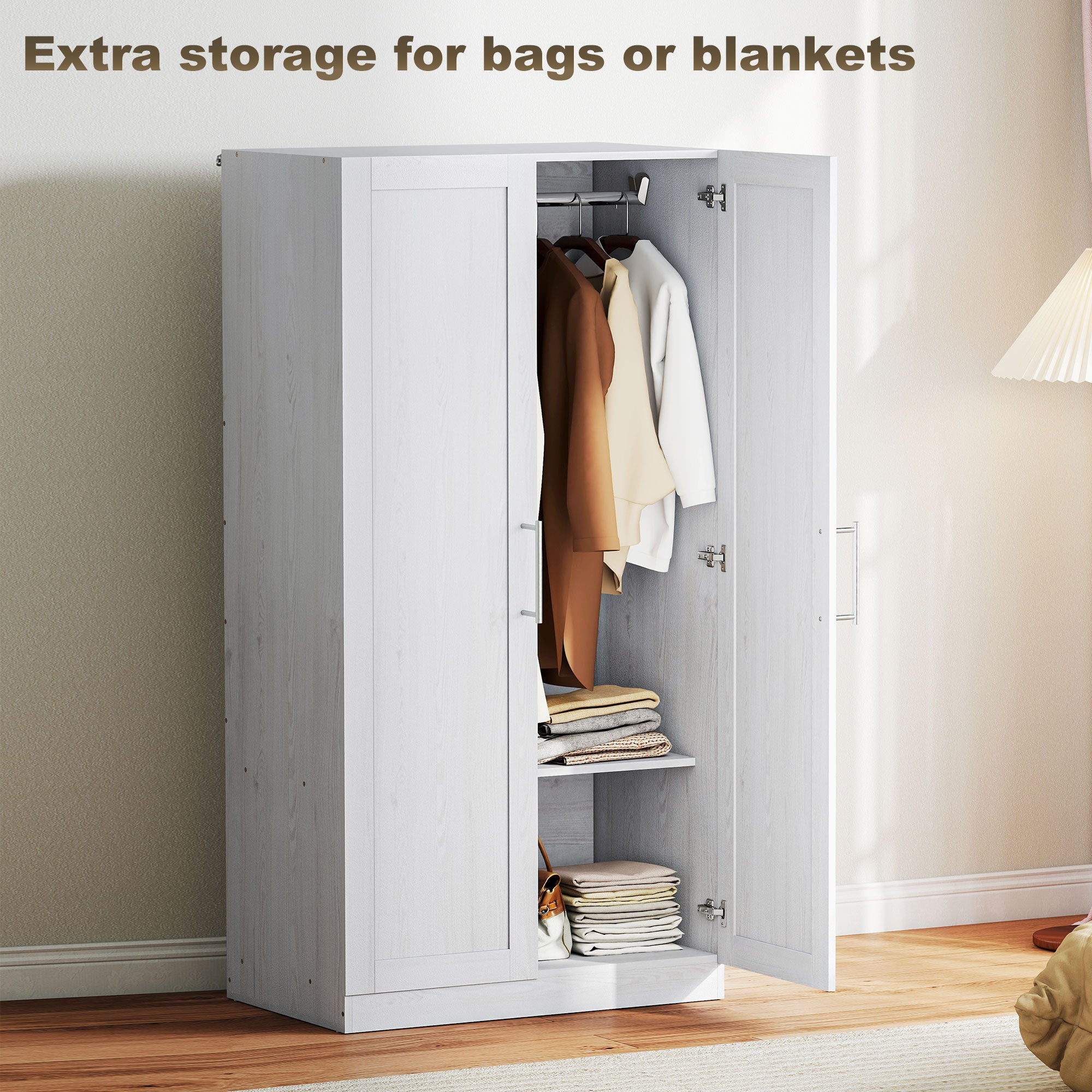 2-Door Wardrobe Armoire - White Wood Effect 63" H-DECOROLALA