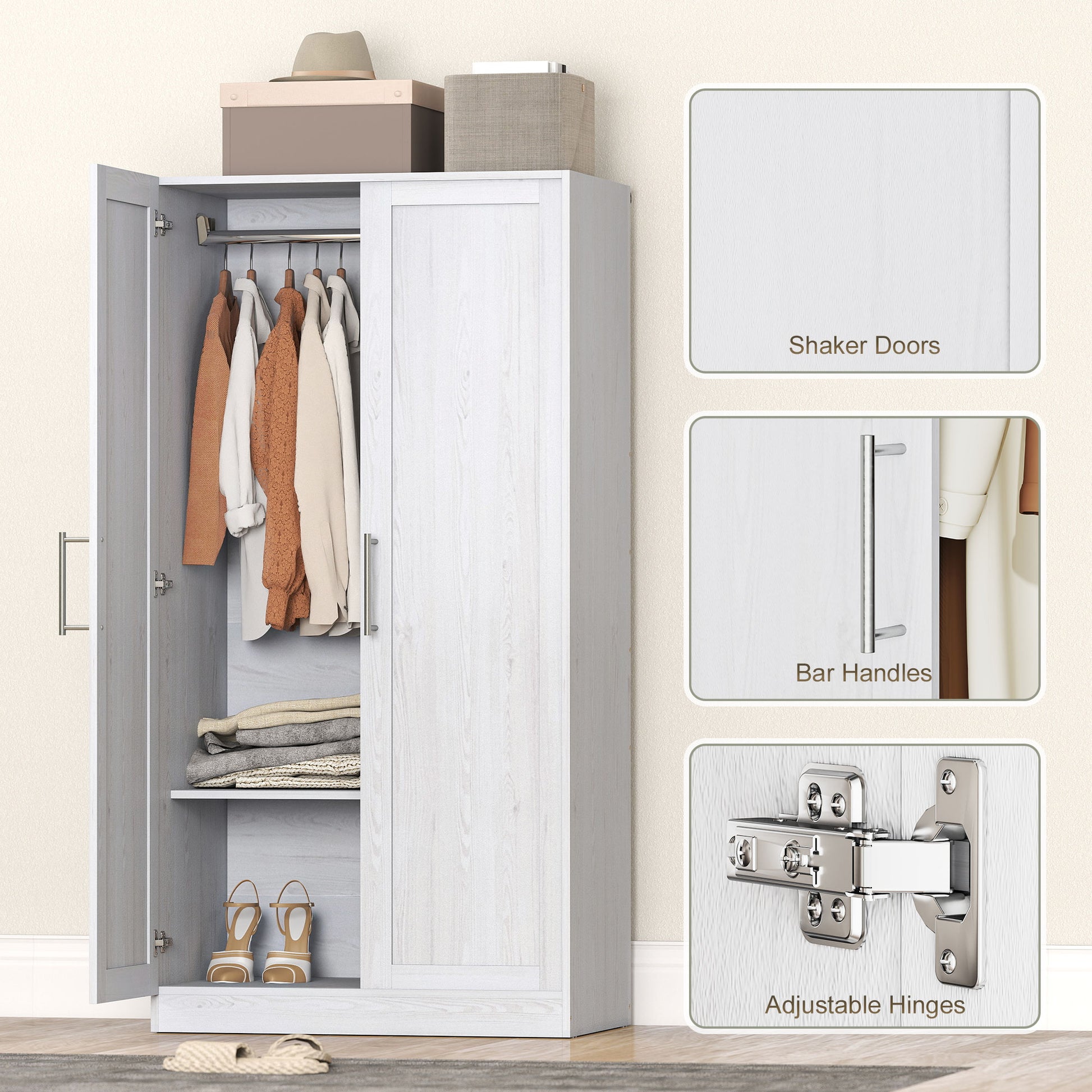 2-Door Wardrobe Armoire - White Wood Effect 63" H-DECOROLALA