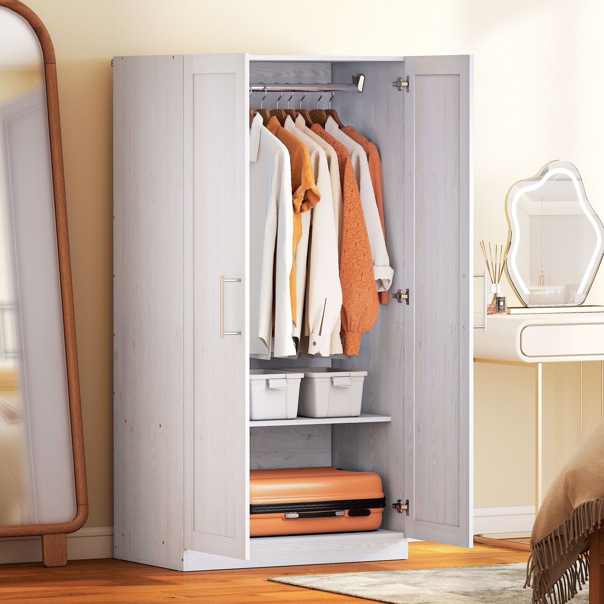 2-Door Wardrobe Armoire - White Wood Effect 63" H-DECOROLALA