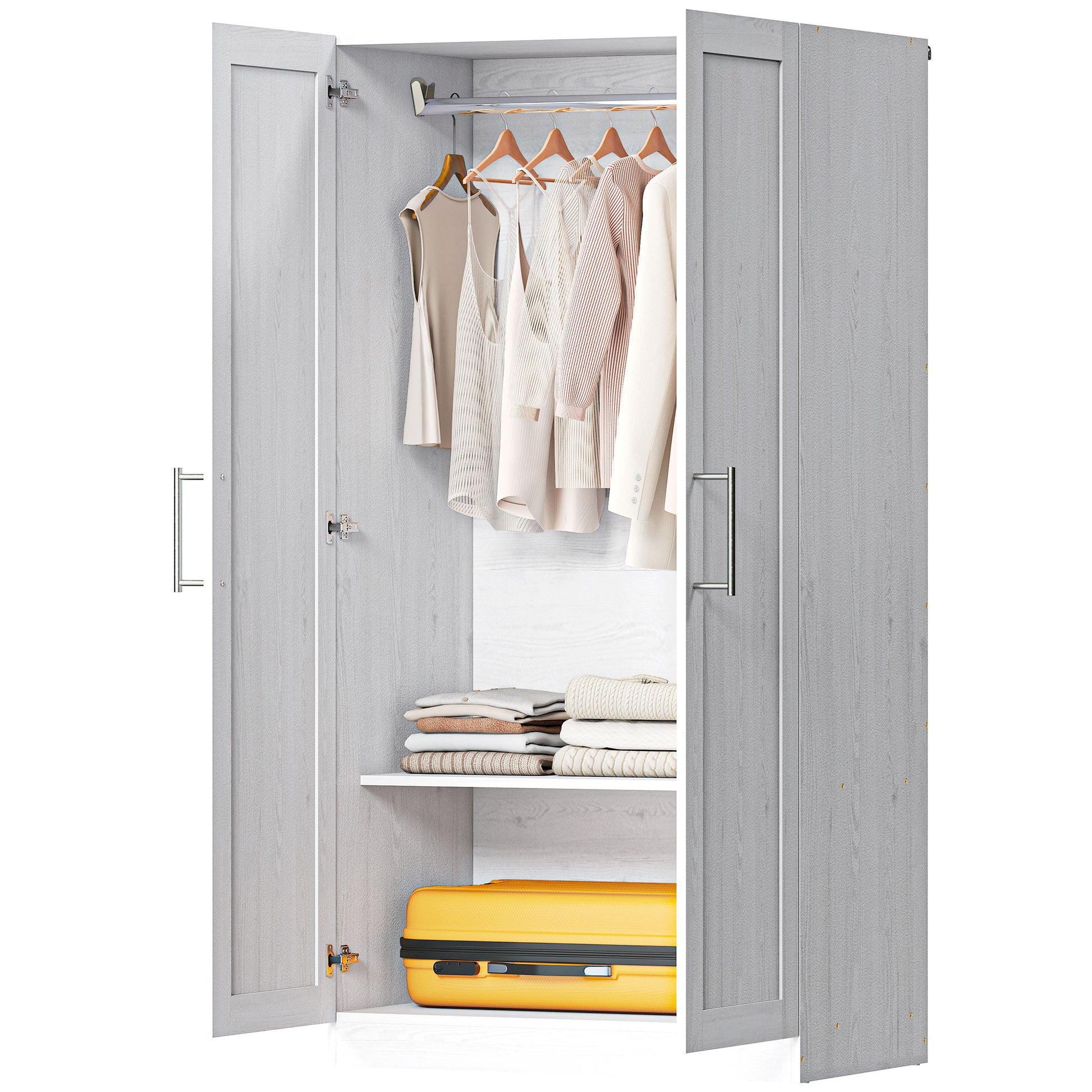 2-Door Wardrobe Armoire - White Wood Effect 63" H-DECOROLALA