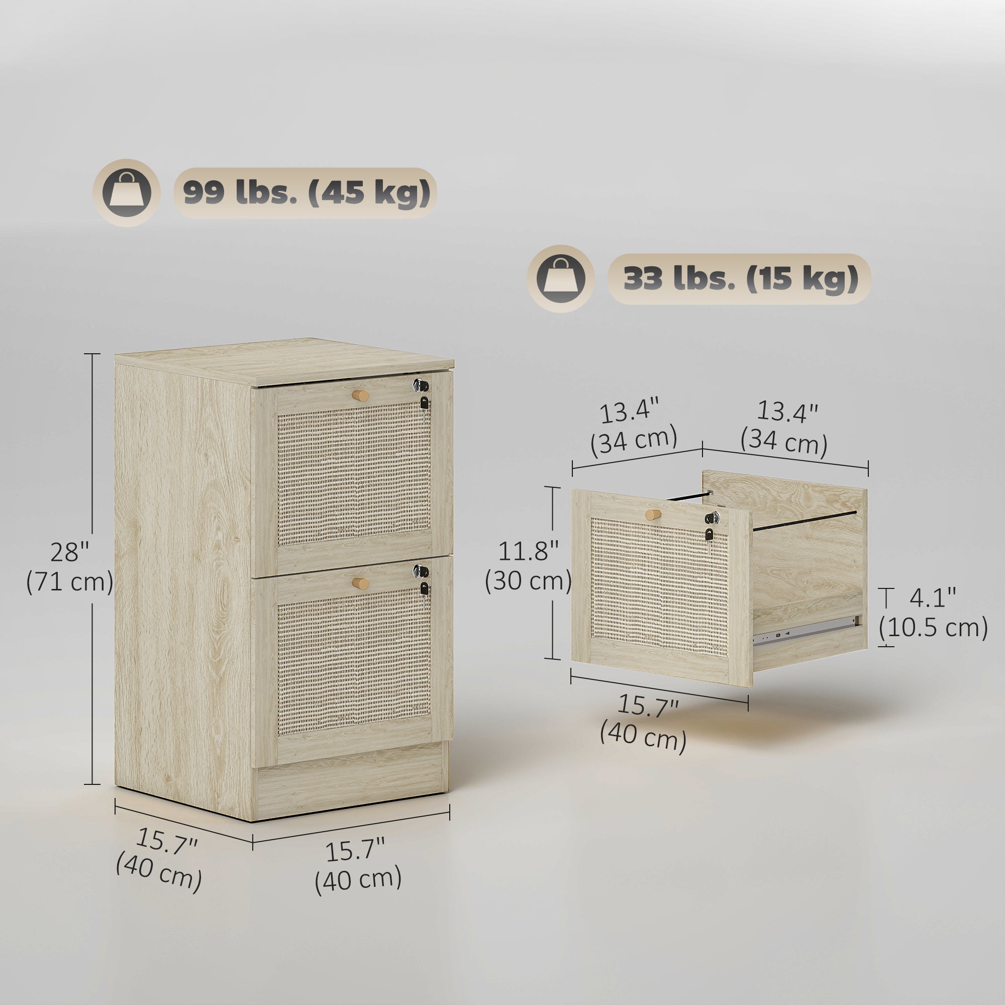 2-Drawer Boho Filing Cabinet with Lock - Oak Rattan Accents-Office Products > Office Furniture > Office Cabinets & Cupboards-DECOROLALA