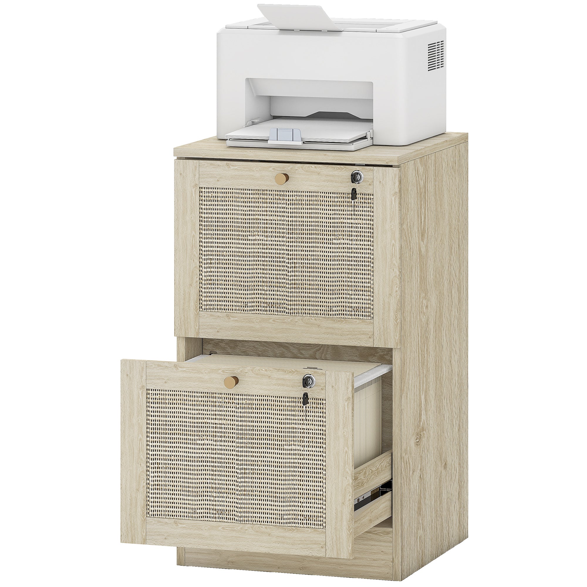 2-Drawer Boho Filing Cabinet with Lock - Oak Rattan Accents-Office Products > Office Furniture > Office Cabinets & Cupboards-DECOROLALA