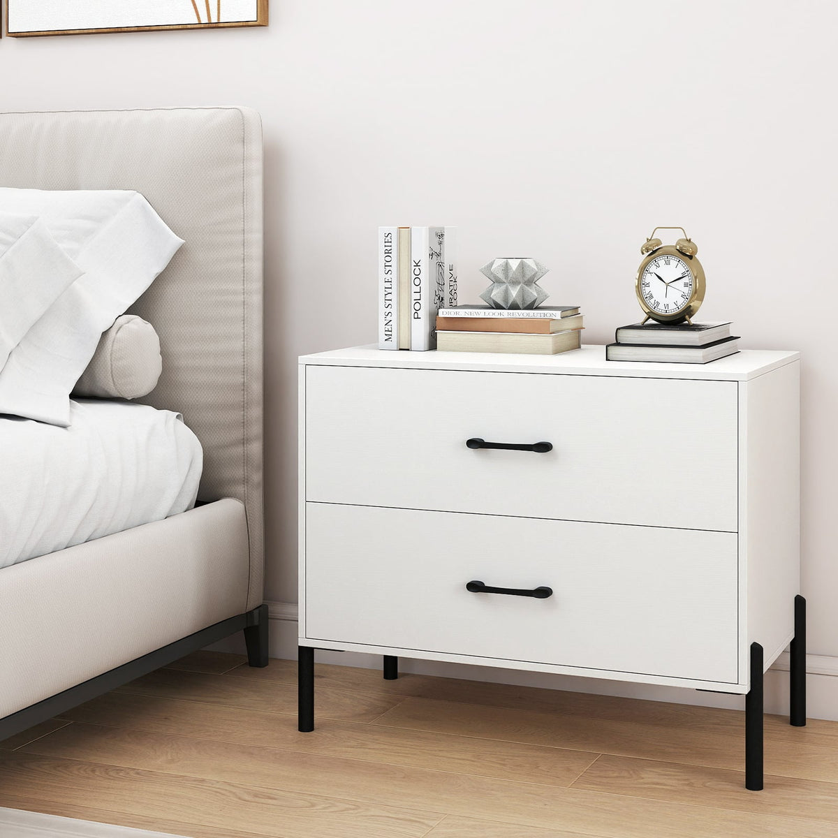 2-Drawer Dresser Modern Wooden Nightstand Set of 2-White-Nightstands-DECOROLALA