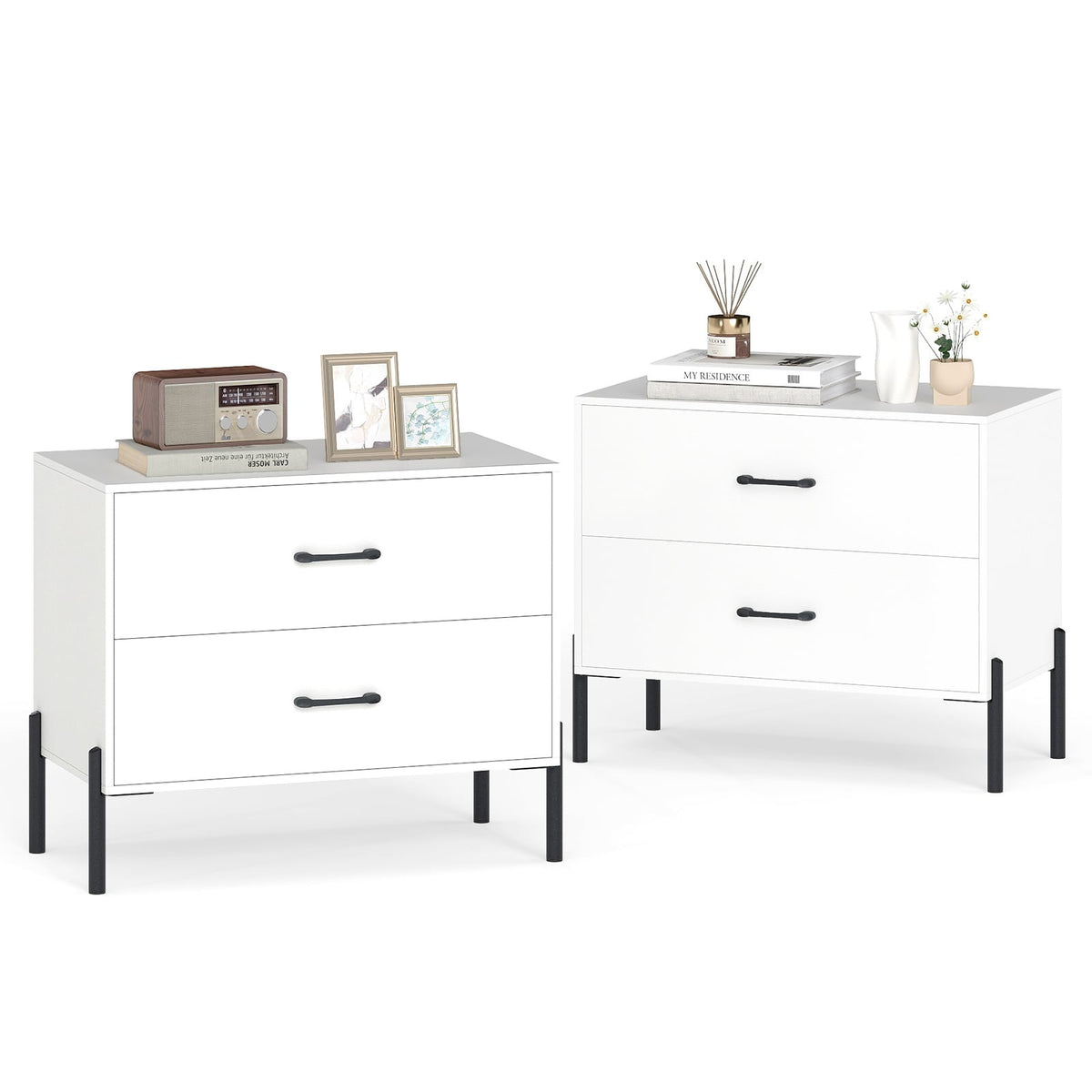 2-Drawer Dresser Modern Wooden Nightstand Set of 2-White-Nightstands-DECOROLALA
