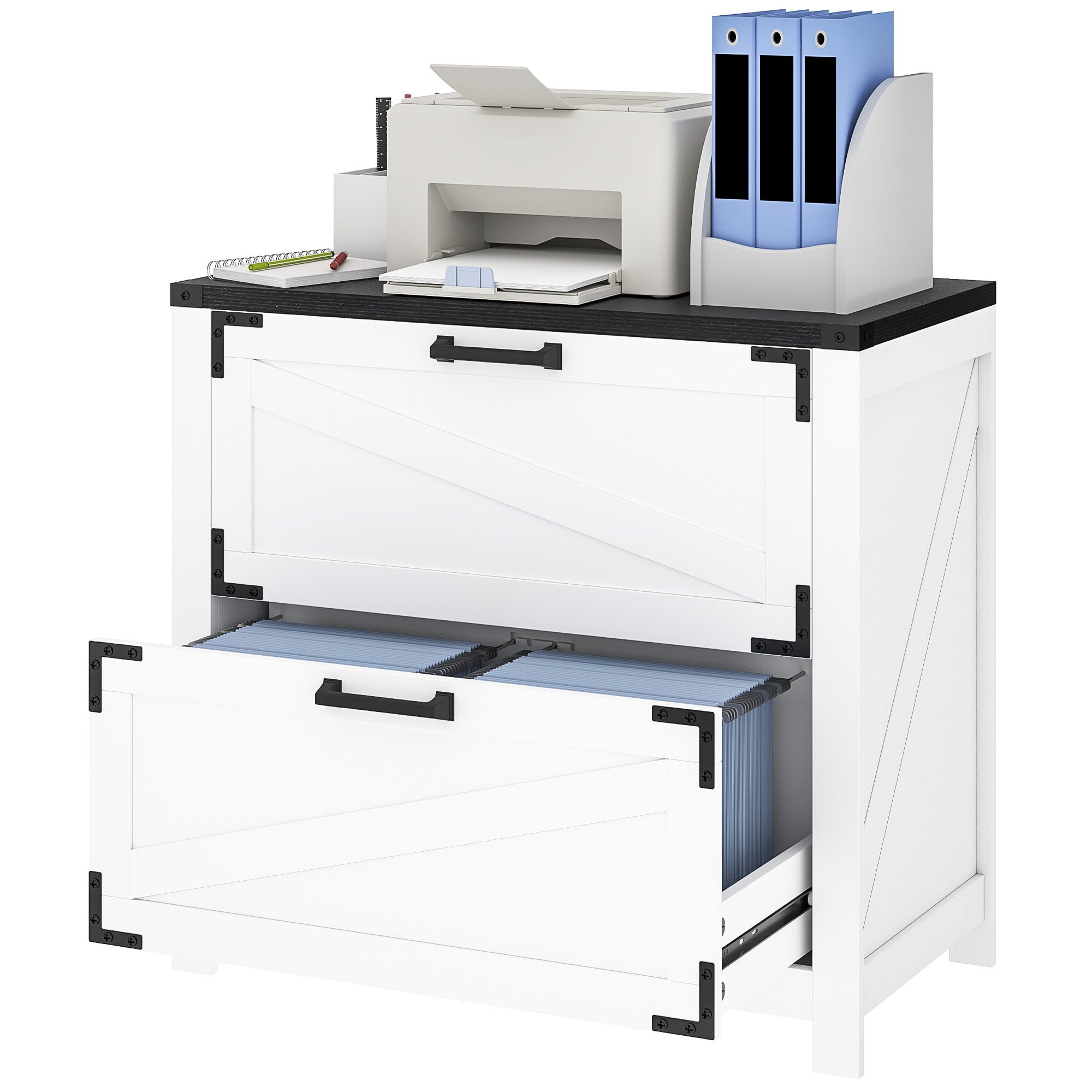 2-Drawer Farmhouse Filing Cabinet - White 31.5" W-Office Products > Office Furniture > Office Cabinets & Cupboards-DECOROLALA