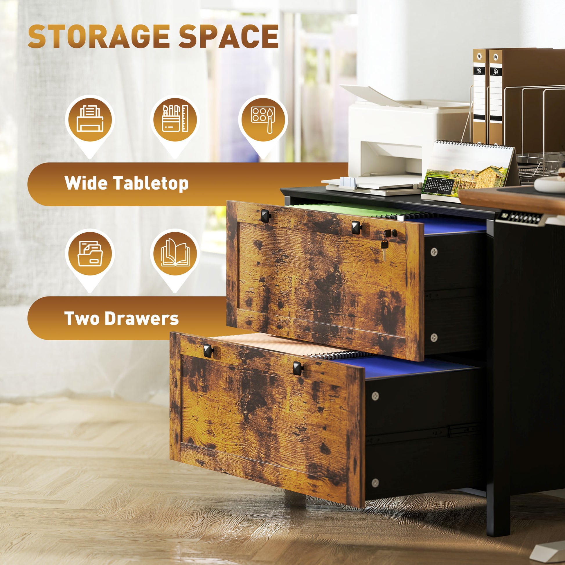 2 Drawer File Cabinet, Lockable Filing Cabinet with Adjustable Hanging Bar for Letter, A4 Size, Rustic Brown-Office Products > Office Furniture > Office Cabinets & Cupboards-DECOROLALA