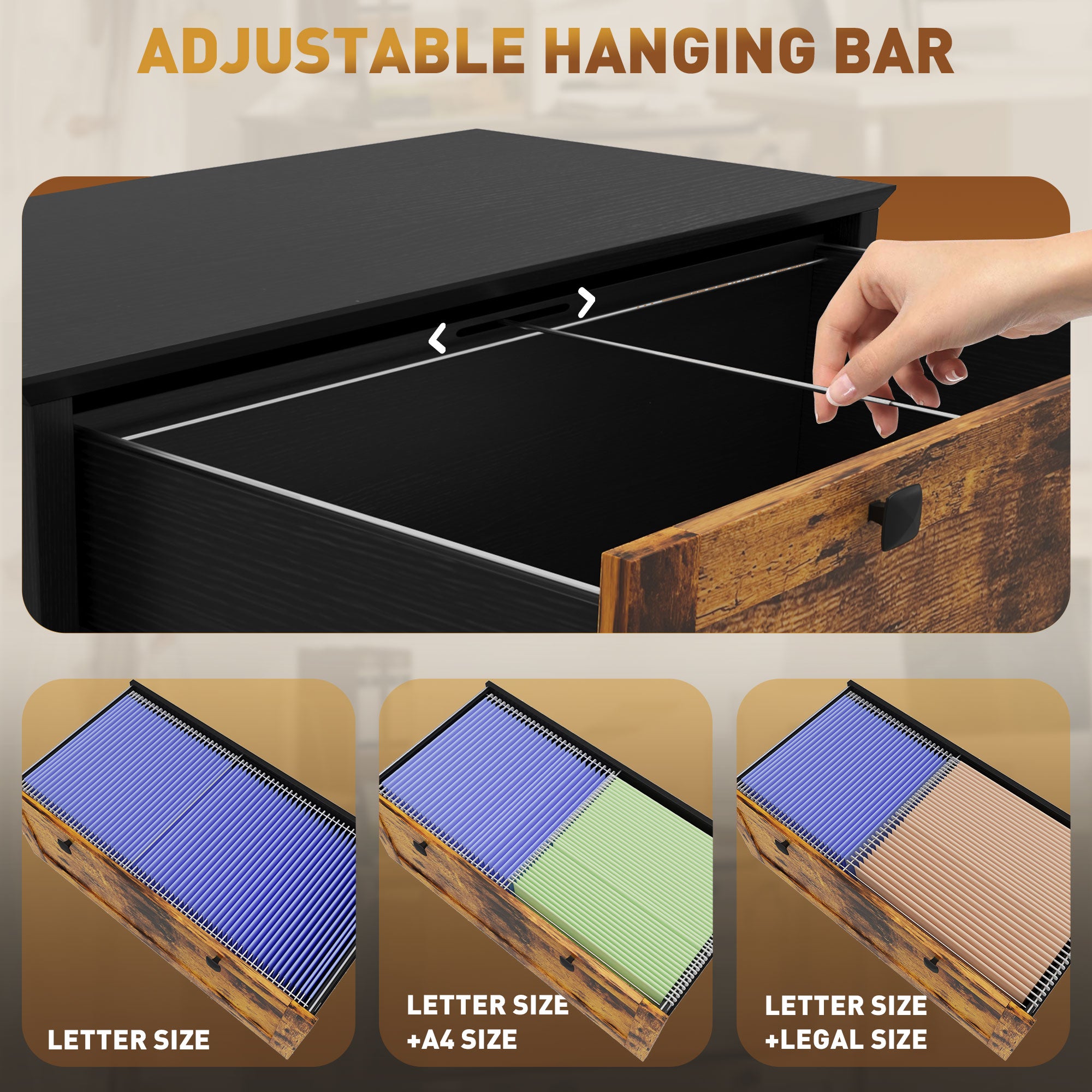 2 Drawer File Cabinet, Lockable Filing Cabinet with Adjustable Hanging Bar for Letter, A4 Size, Rustic Brown-Office Products > Office Furniture > Office Cabinets & Cupboards-DECOROLALA