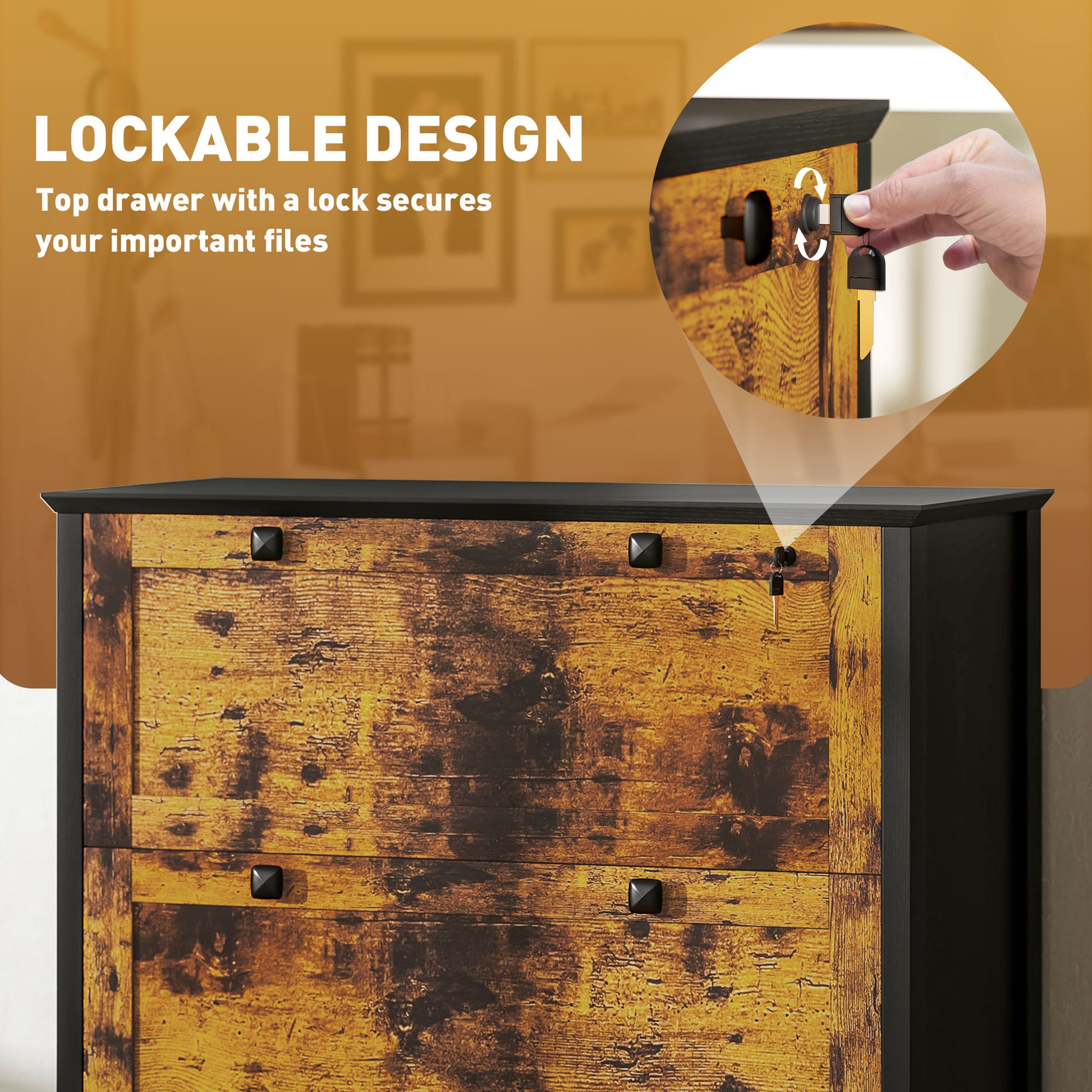 2 Drawer File Cabinet, Lockable Filing Cabinet with Adjustable Hanging Bar for Letter, A4 Size, Rustic Brown-Office Products > Office Furniture > Office Cabinets & Cupboards-DECOROLALA