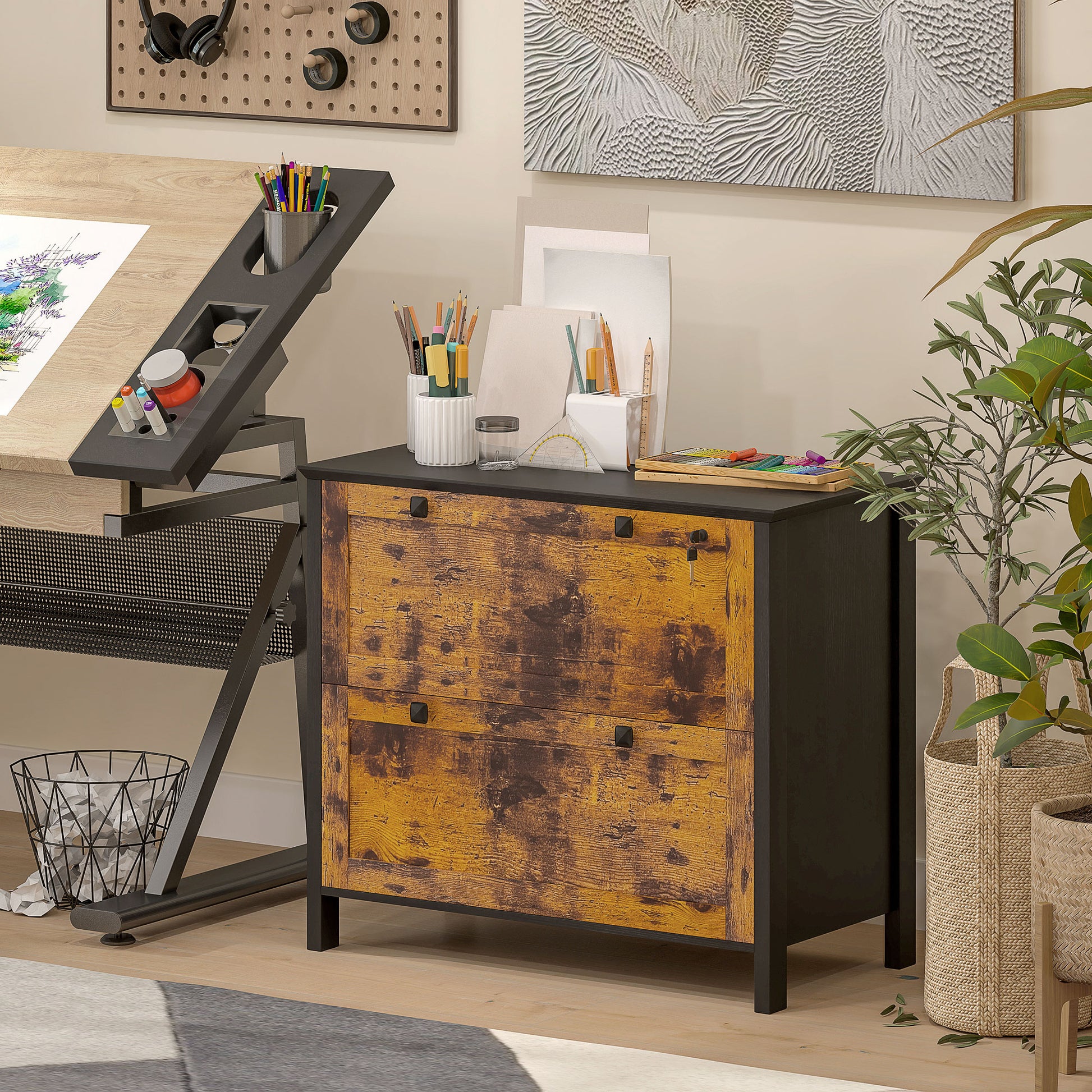 2 Drawer File Cabinet, Lockable Filing Cabinet with Adjustable Hanging Bar for Letter, A4 Size, Rustic Brown-Office Products > Office Furniture > Office Cabinets & Cupboards-DECOROLALA