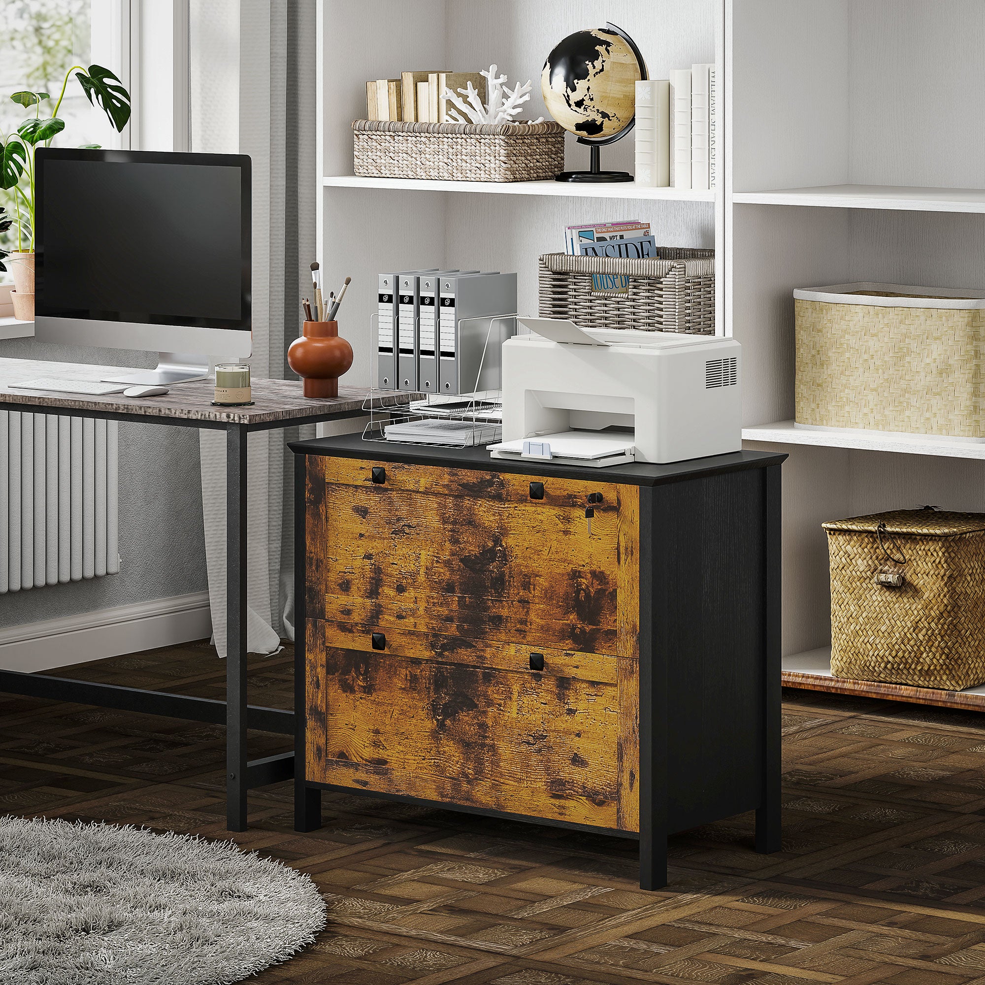 2 Drawer File Cabinet, Lockable Filing Cabinet with Adjustable Hanging Bar for Letter, A4 Size, Rustic Brown-Office Products > Office Furniture > Office Cabinets & Cupboards-DECOROLALA