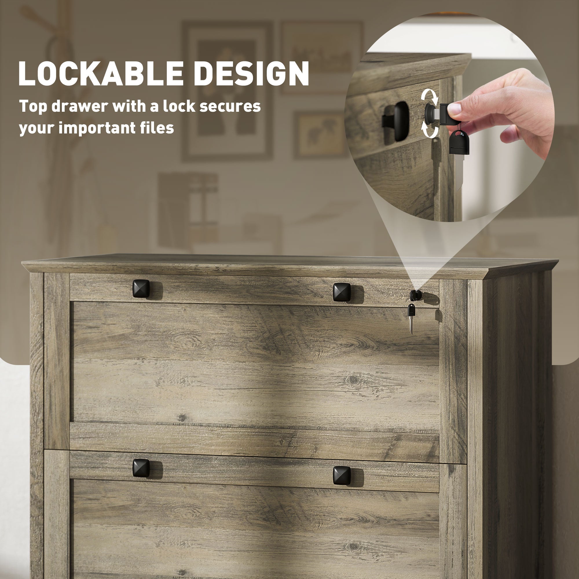 2 Drawer File Cabinet, Lockable Filing Cabinet with Adjustable Hanging Bar for Letter, A4 Size, Weathered Grey Oak-Office Products > Office Furniture > Office Cabinets & Cupboards-DECOROLALA