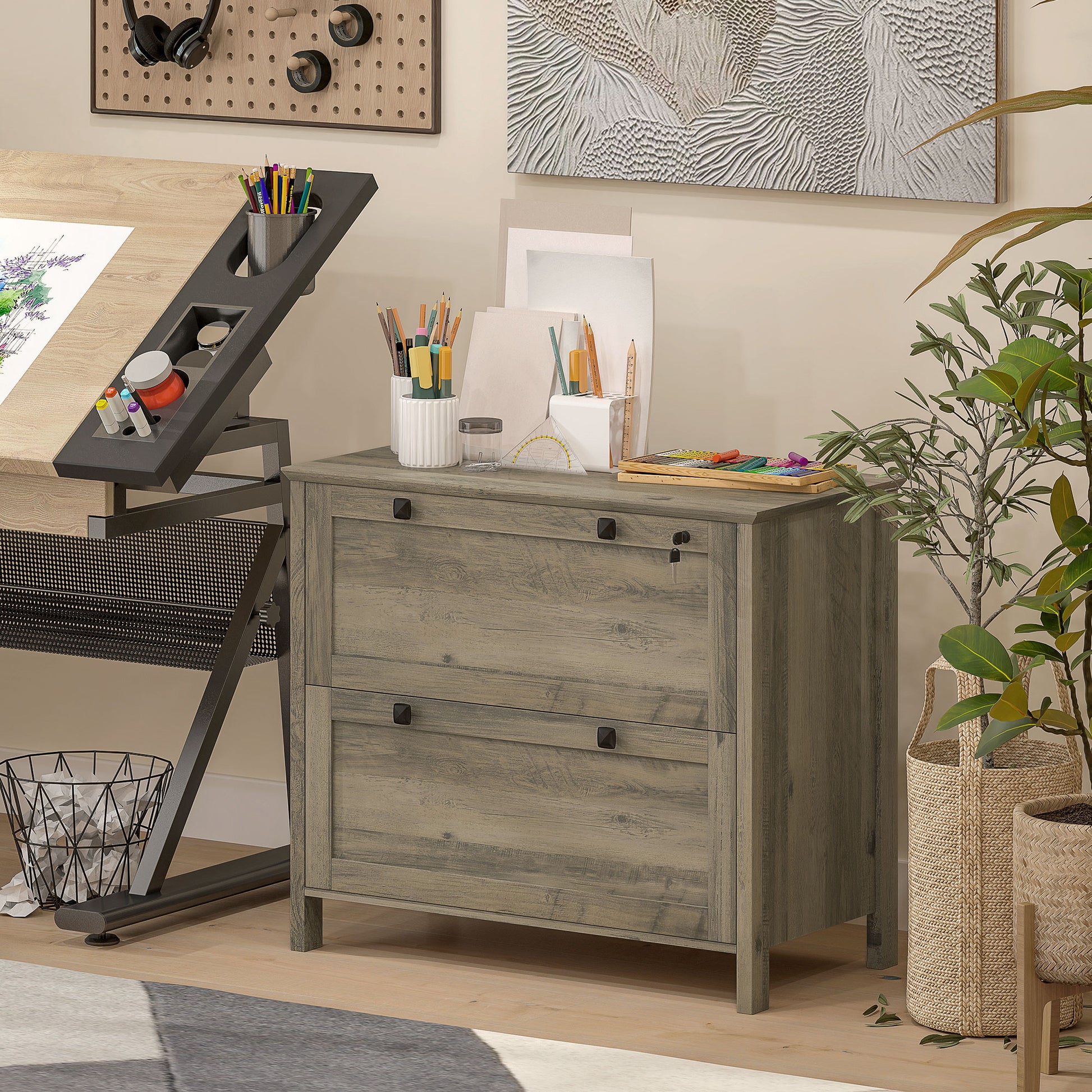 2 Drawer File Cabinet, Lockable Filing Cabinet with Adjustable Hanging Bar for Letter, A4 Size, Weathered Grey Oak-Office Products > Office Furniture > Office Cabinets & Cupboards-DECOROLALA